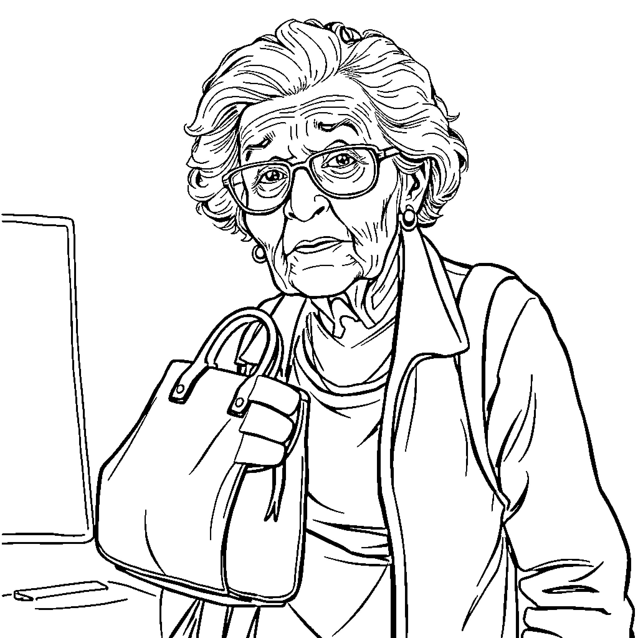 Old Woman with Glasses and Handbag Coloring Page (free black-and-white line drawing printable PDF for all, from beginners to advanced learners, including children, teens, adults, and seniors)