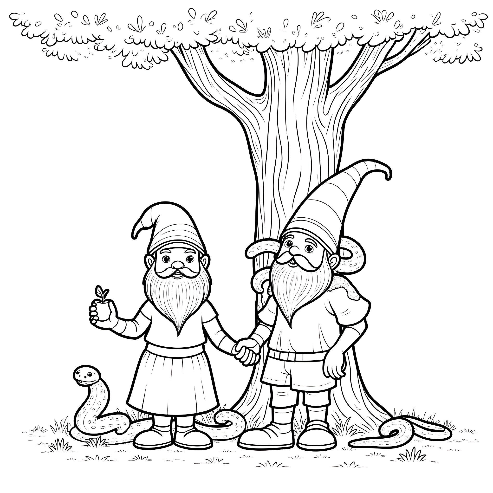 Gnomes enjoying a peaceful day in the forest Coloring Page (free black-and-white line drawing printable PDF for all, from beginners to advanced learners, including children, teens, adults, and seniors)