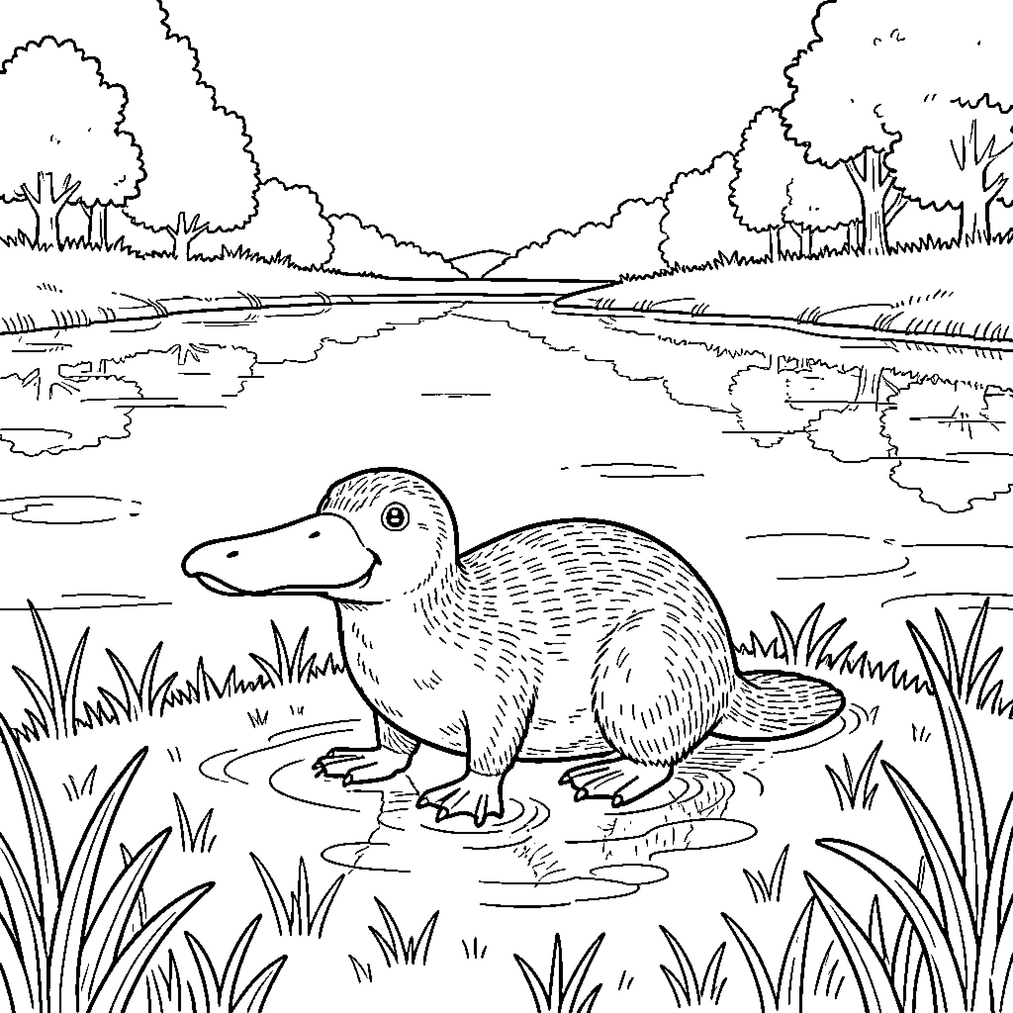 Platypus standing near the edge of a river Coloring Page (free black-and-white line drawing printable PDF for all, from beginners to advanced learners, including children, teens, adults, and seniors)