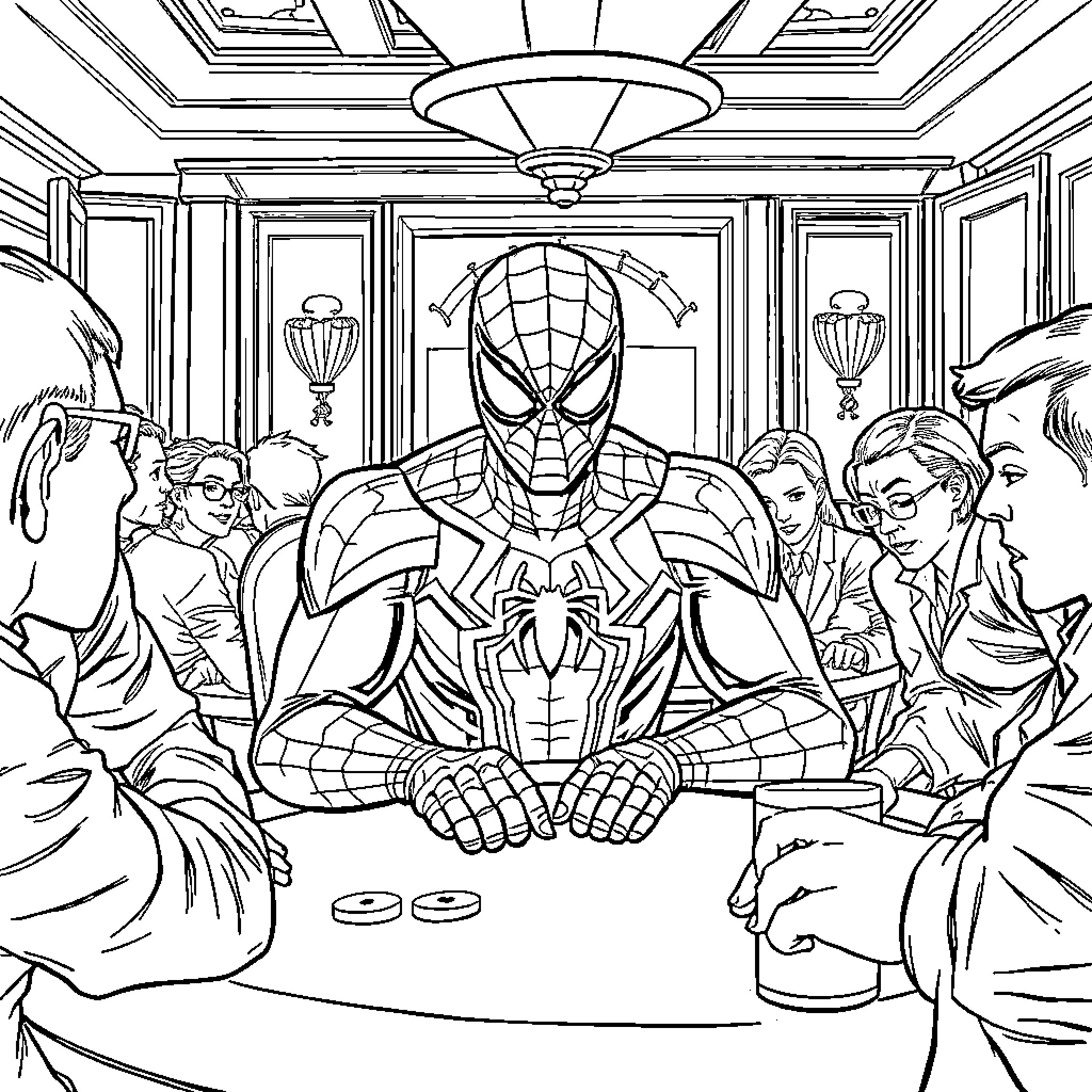 Spider-Man Interacting with Colleagues in a Meeting Coloring Page (free black-and-white line drawing printable PDF for all, from beginners to advanced learners, including children, teens, adults, and seniors)