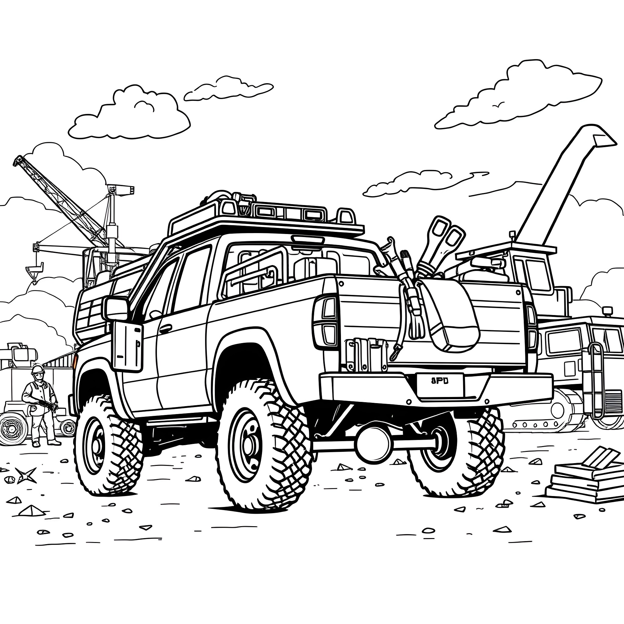 Pickup Truck with Tools and Equipment on Construction Site Coloring Page (free black-and-white line drawing printable PDF for all, from beginners to advanced learners, including children, teens, adults, and seniors)