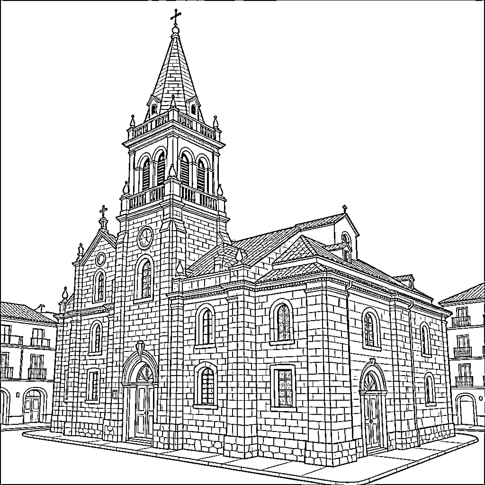 Church with Ornate Architectural Details Coloring Page (free black-and-white line drawing printable PDF for all, from beginners to advanced learners, including children, teens, adults, and seniors)