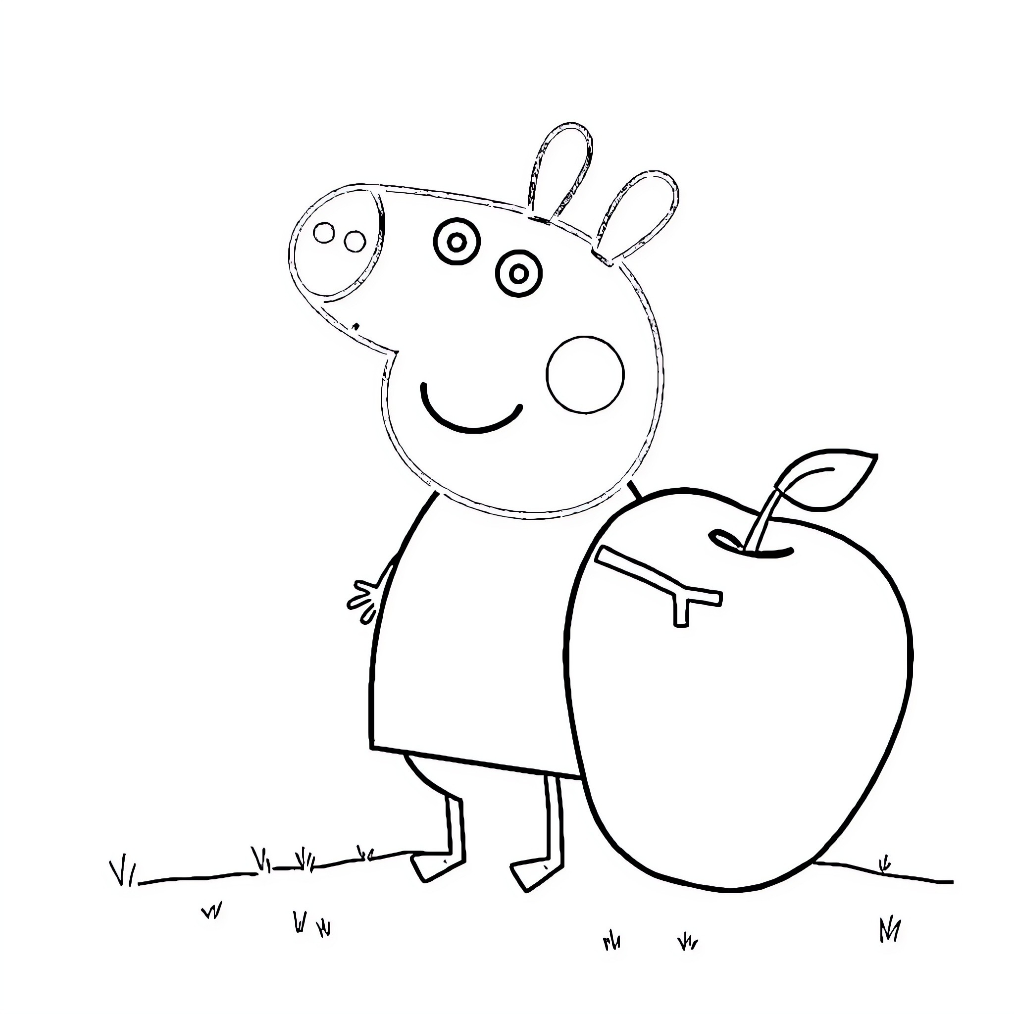 Peppa Pig holding a large apple Coloring Page (free black-and-white line drawing printable PDF for all, from beginners to advanced learners, including children, teens, adults, and seniors)