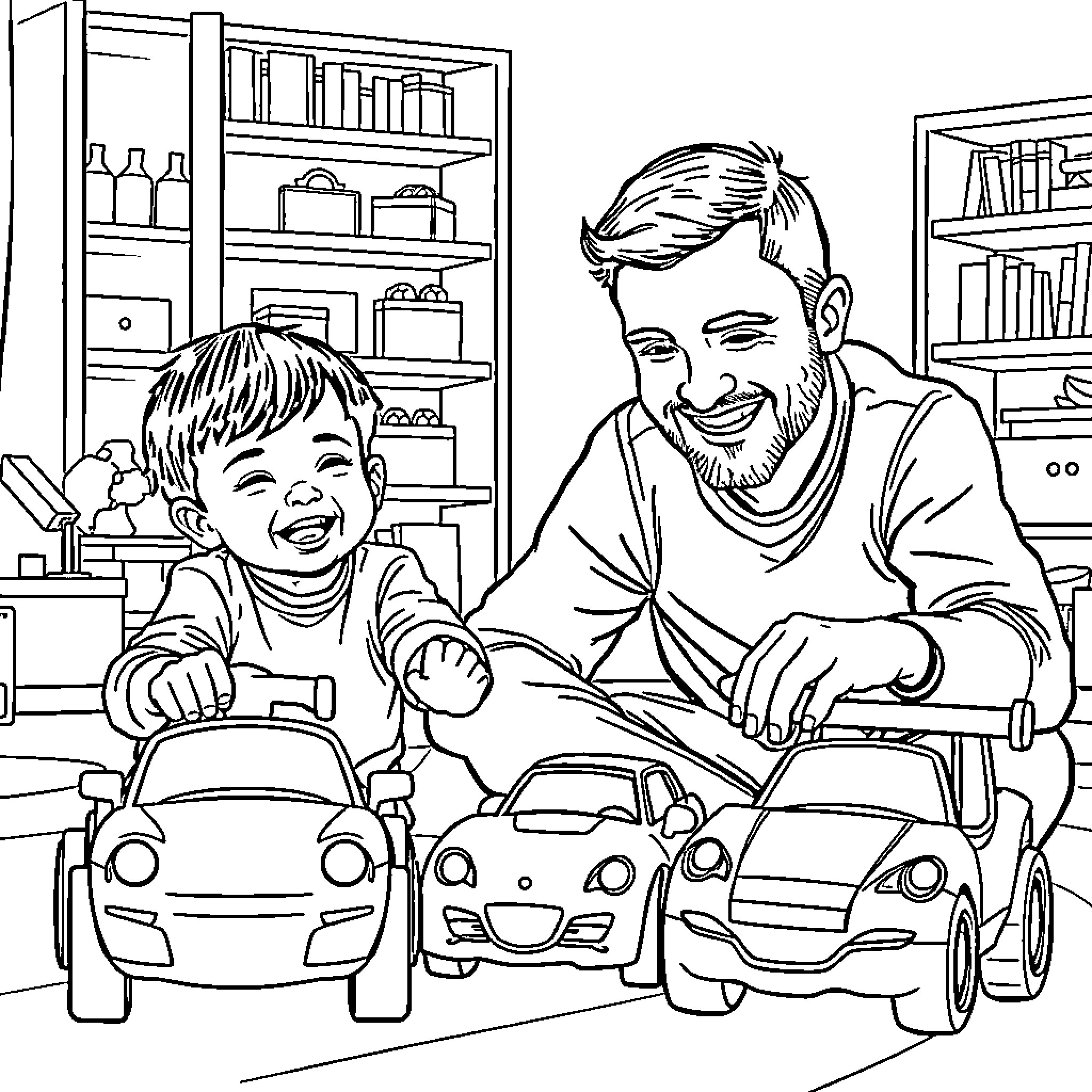Child playing happily with father and toy cars Coloring Page (free black-and-white line drawing printable PDF for all, from beginners to advanced learners, including children, teens, adults, and seniors)