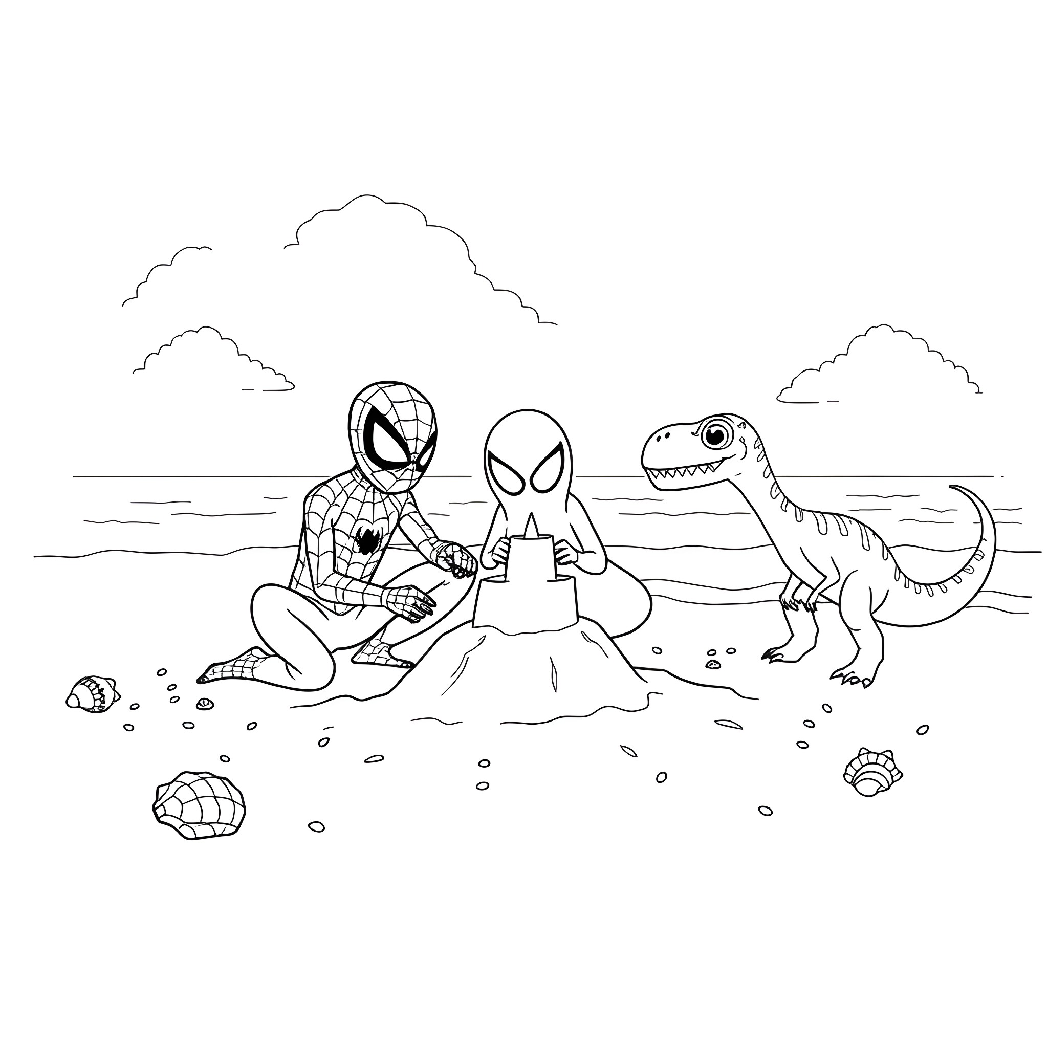 Spider-Man playing with dinosaur on the beach Coloring Page (free black-and-white line drawing printable PDF for all, from beginners to advanced learners, including children, teens, adults, and seniors)