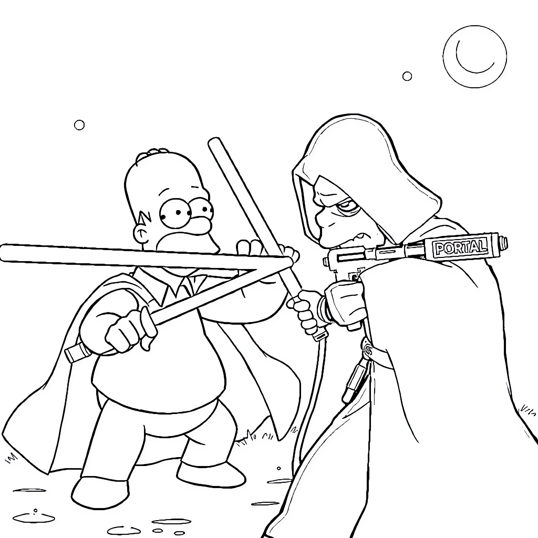 Homer Simpson encounters mysterious hooded figure with portal gun Coloring Page (free black-and-white line drawing printable PDF for all, from beginners to advanced learners, including children, teens, adults, and seniors)