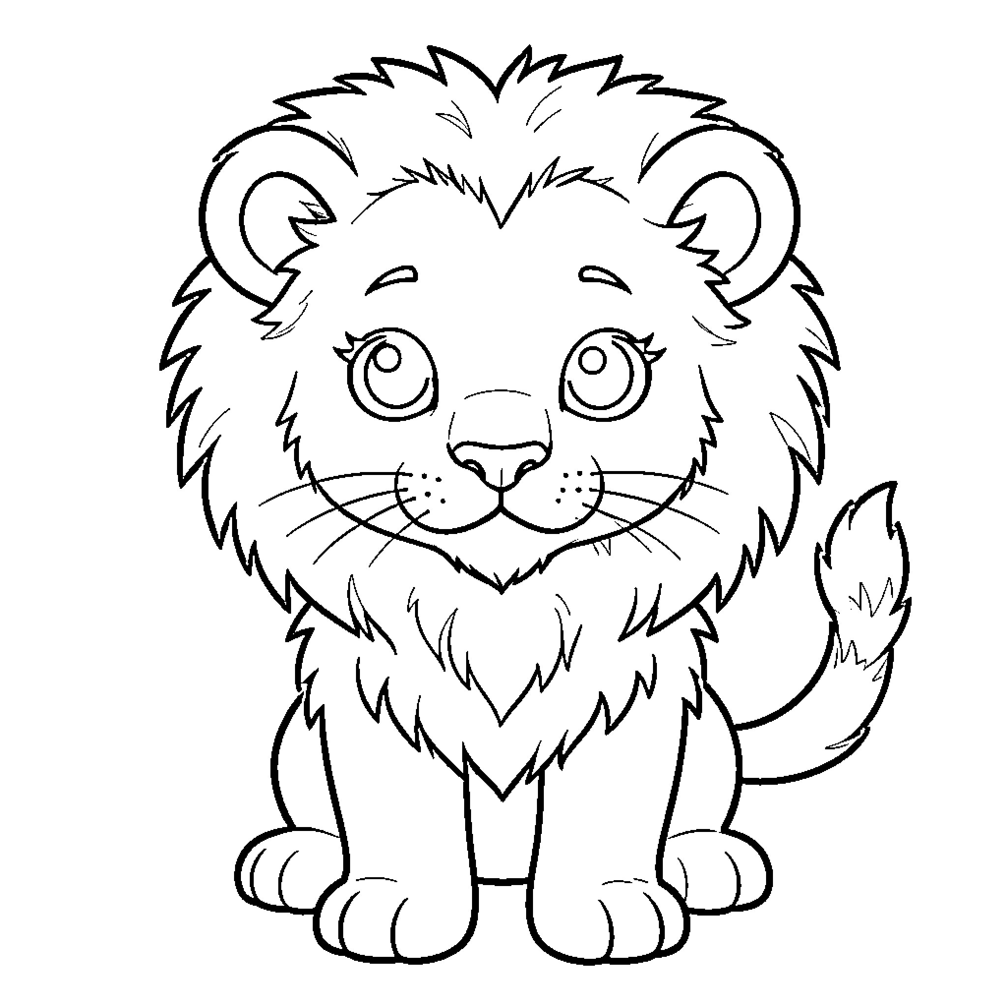 Lion cub sitting with cute expression Coloring Page (free black-and-white line drawing printable PDF for all, from beginners to advanced learners, including children, teens, adults, and seniors)