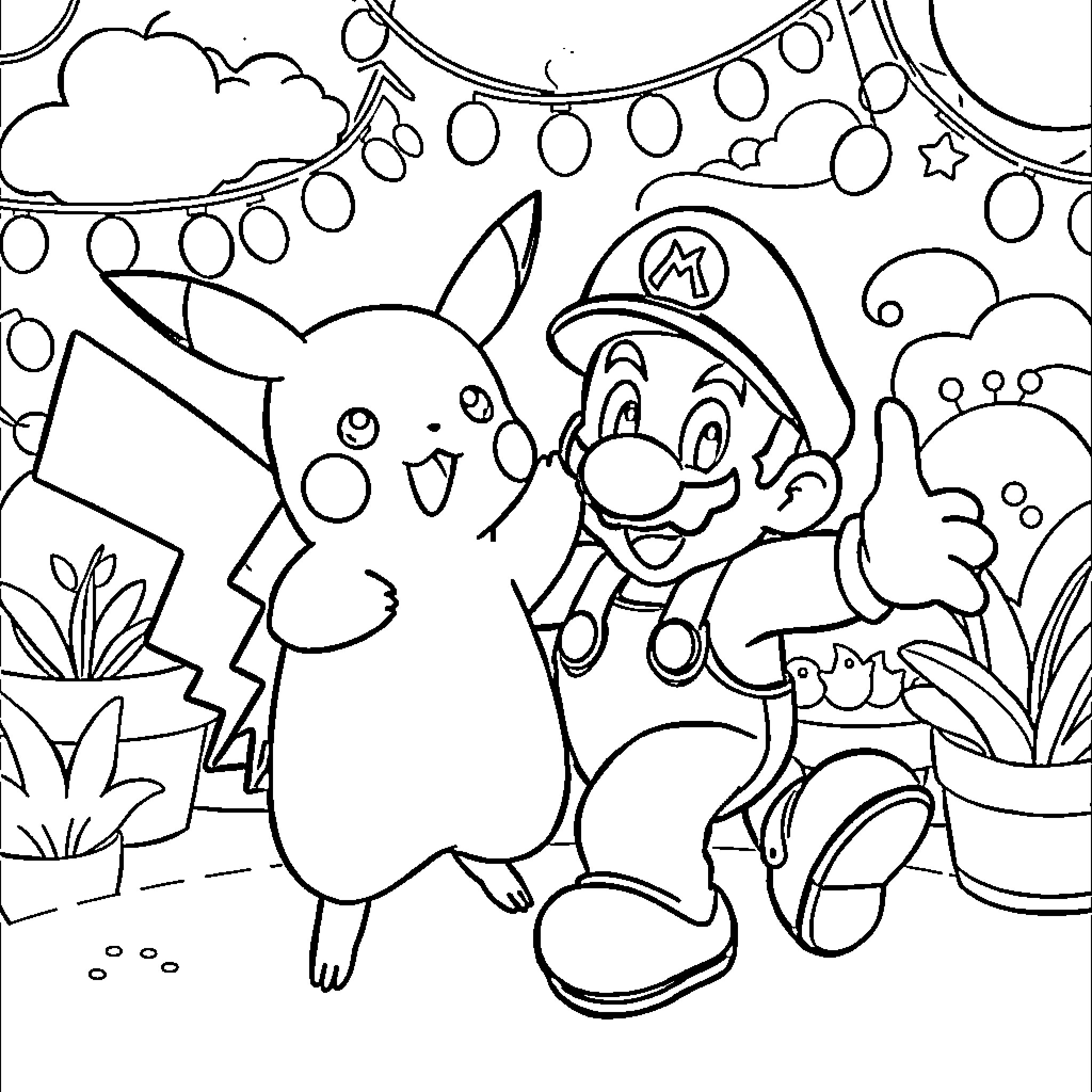 Pikachu and Mario in a Playful Scene Coloring Page (free black-and-white line drawing printable PDF for all, from beginners to advanced learners, including children, teens, adults, and seniors)