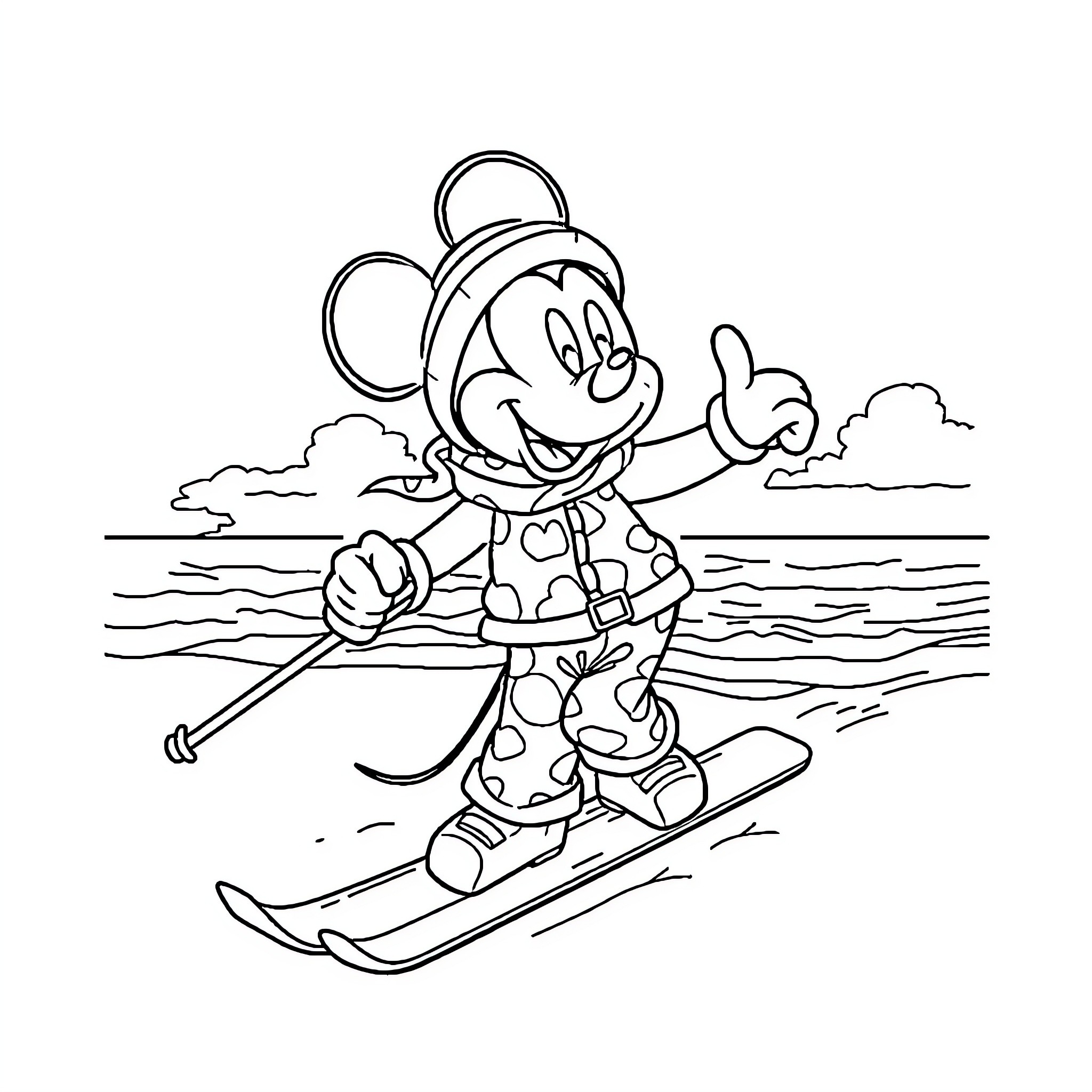 Mickey skiing happily on the slopes Coloring Page (free black-and-white line drawing printable PDF for all, from beginners to advanced learners, including children, teens, adults, and seniors)