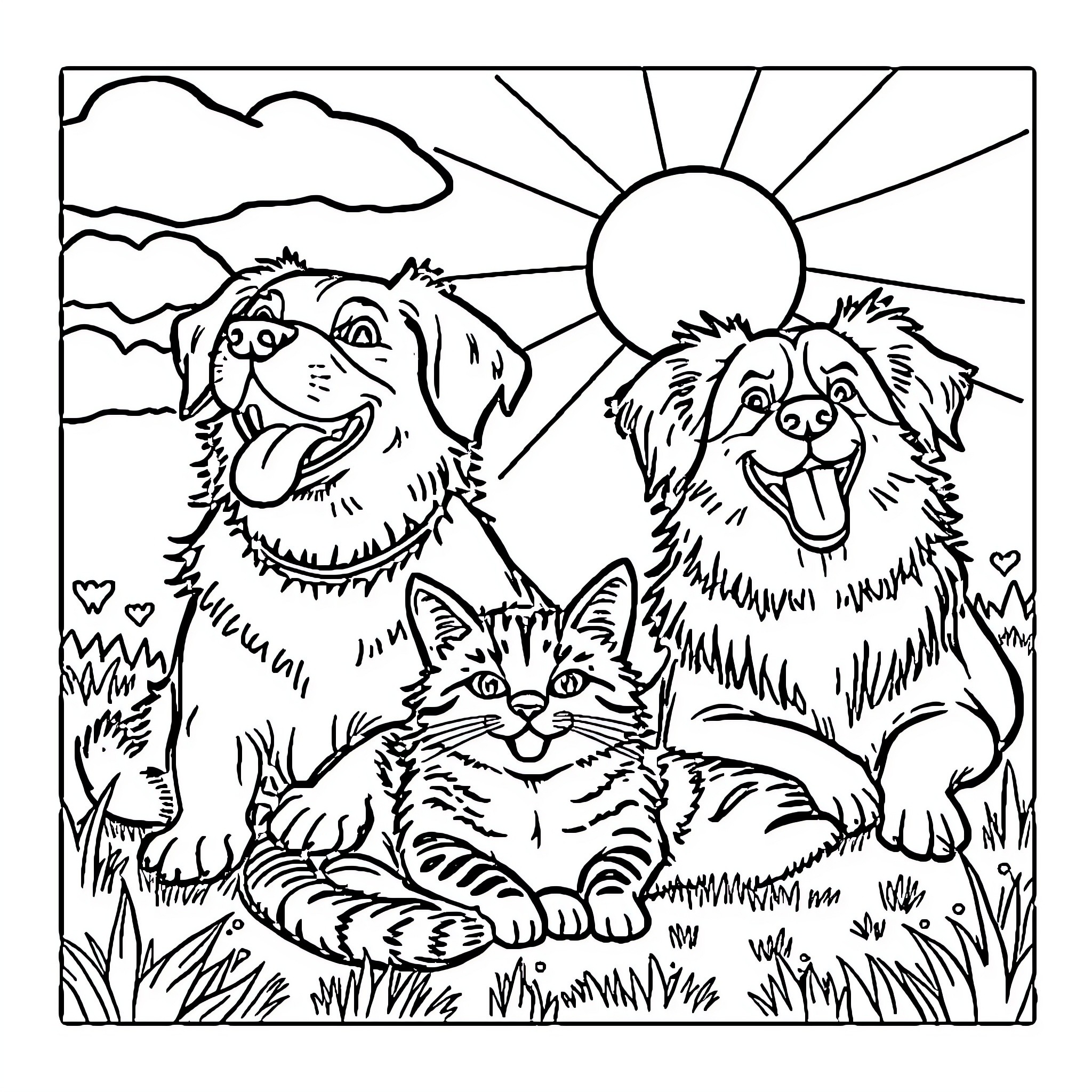 Dog and Cat Enjoying Sunny Day in Nature Coloring Page (free black-and-white line drawing printable PDF for all, from beginners to advanced learners, including children, teens, adults, and seniors)