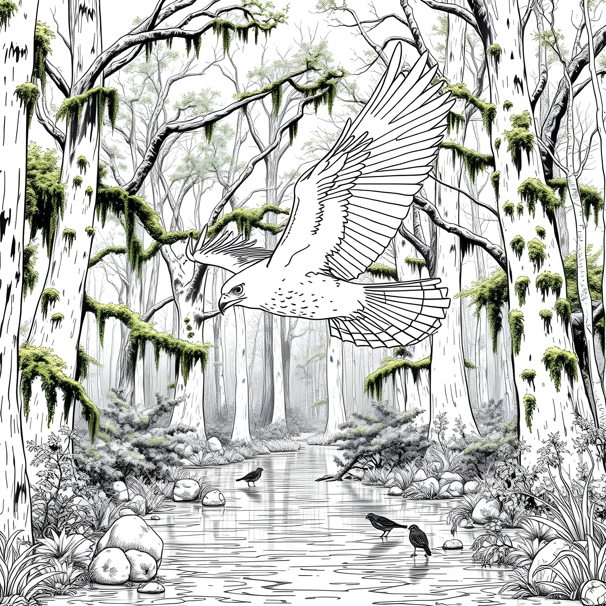 Hawk soaring over a lush, mossy forest stream Coloring Page (free black-and-white line drawing printable PDF for all, from beginners to advanced learners, including children, teens, adults, and seniors)