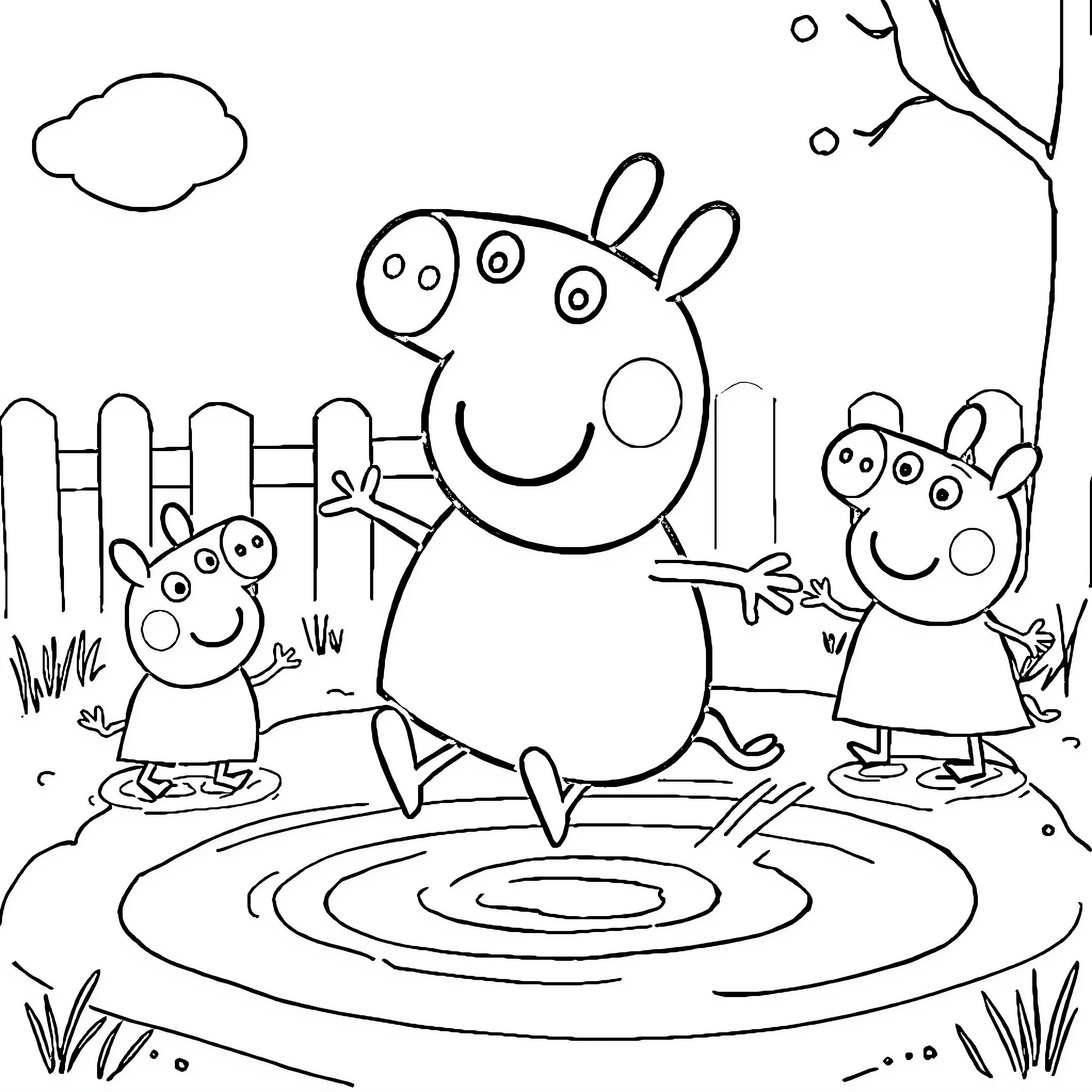 Peppa Pig and Family Enjoying Outdoors Coloring Page (free black-and-white line drawing printable PDF for all, from beginners to advanced learners, including children, teens, adults, and seniors)
