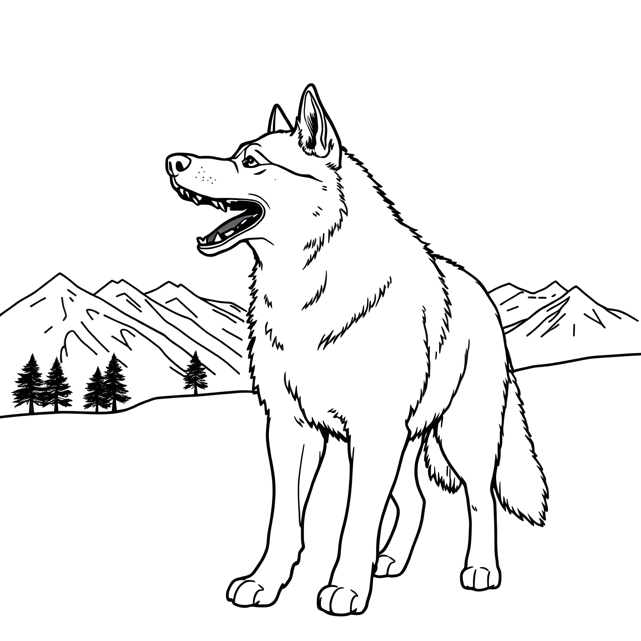 Husky dog standing proudly in the mountains Coloring Page (free black-and-white line drawing printable PDF for all, from beginners to advanced learners, including children, teens, adults, and seniors)