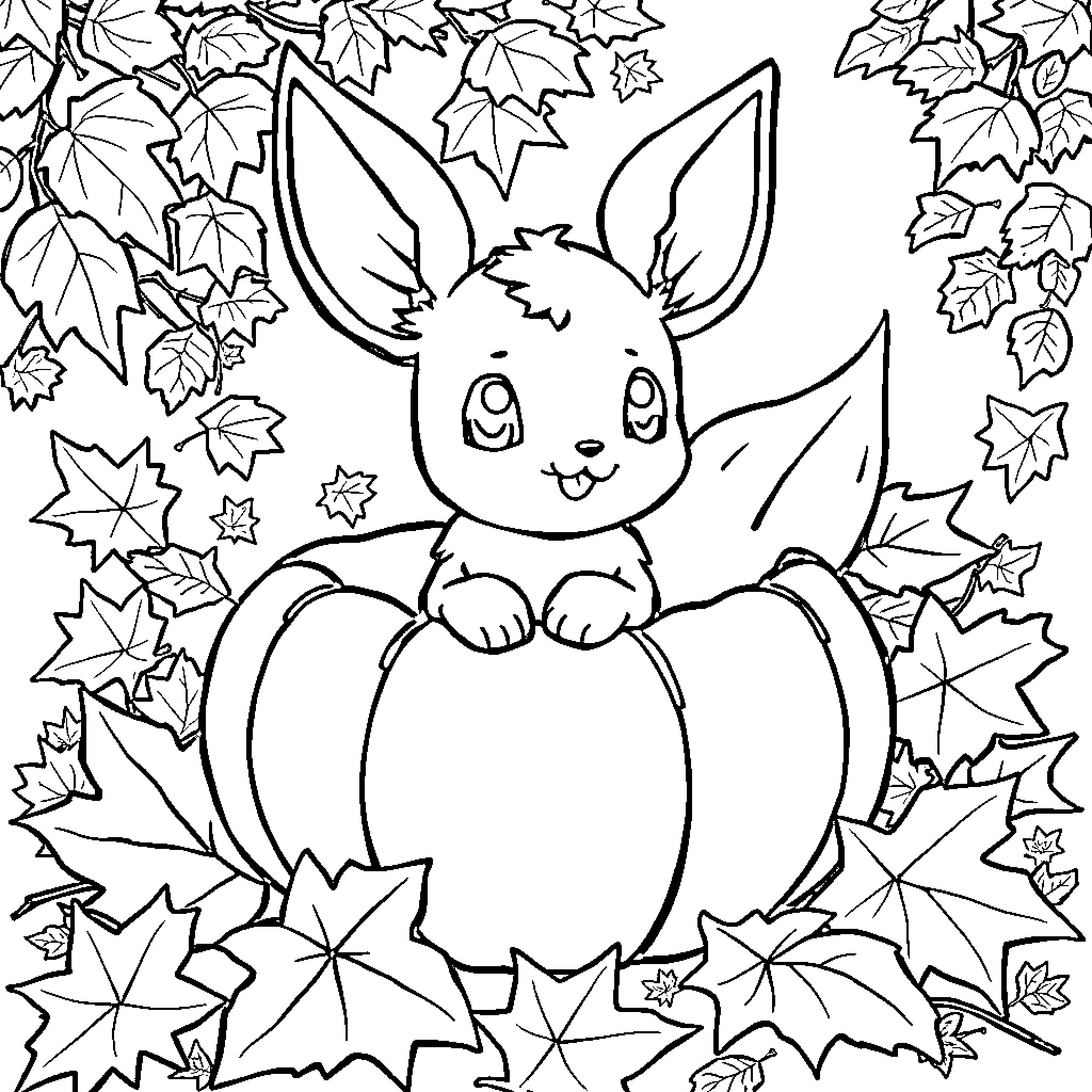 Eevee Peeking Out from Autumn Leaves Coloring Page (free black-and-white line drawing printable PDF for all, from beginners to advanced learners, including children, teens, adults, and seniors)