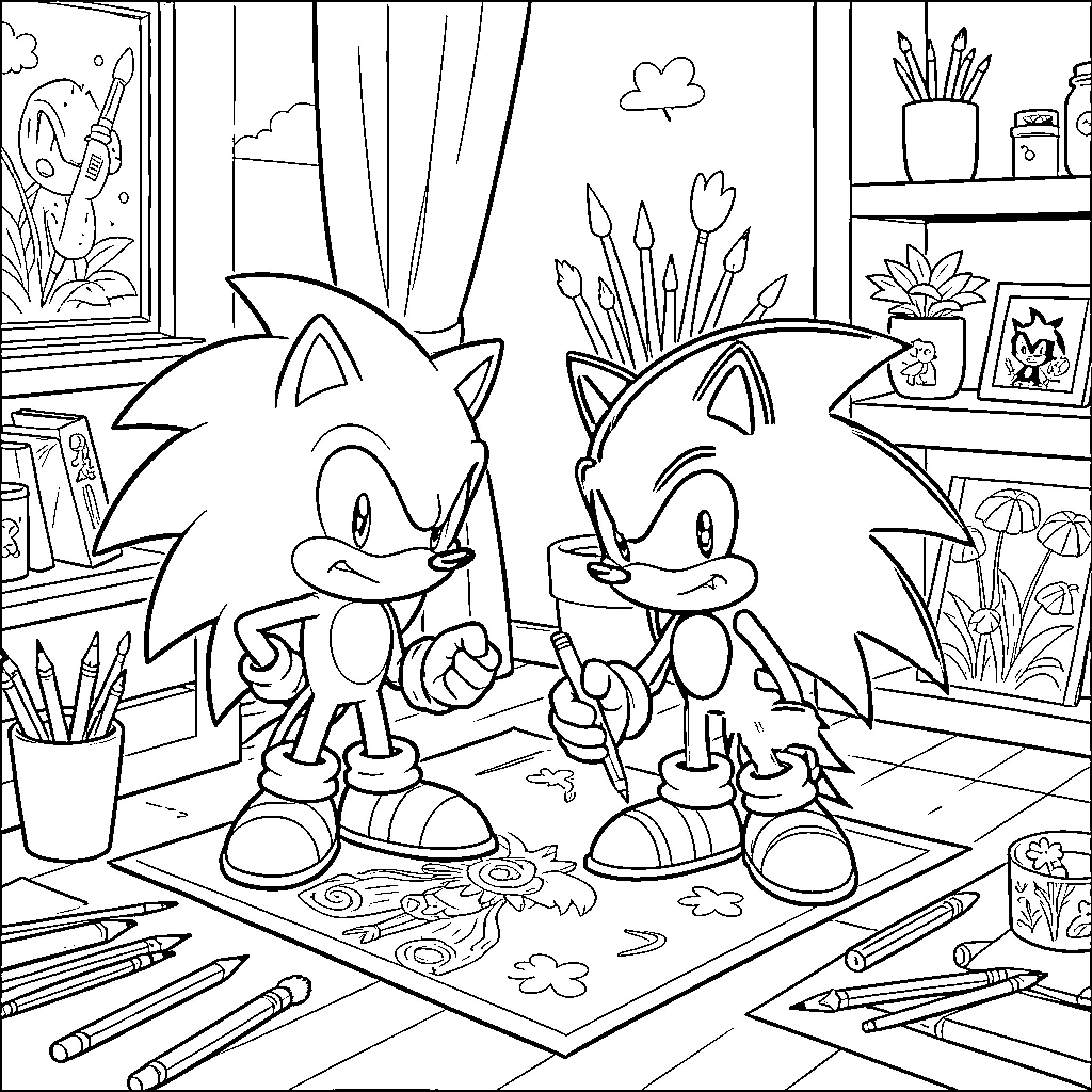 Sonic Characters in Coloring Book Scene Coloring Page (free black-and-white line drawing printable PDF for all, from beginners to advanced learners, including children, teens, adults, and seniors)
