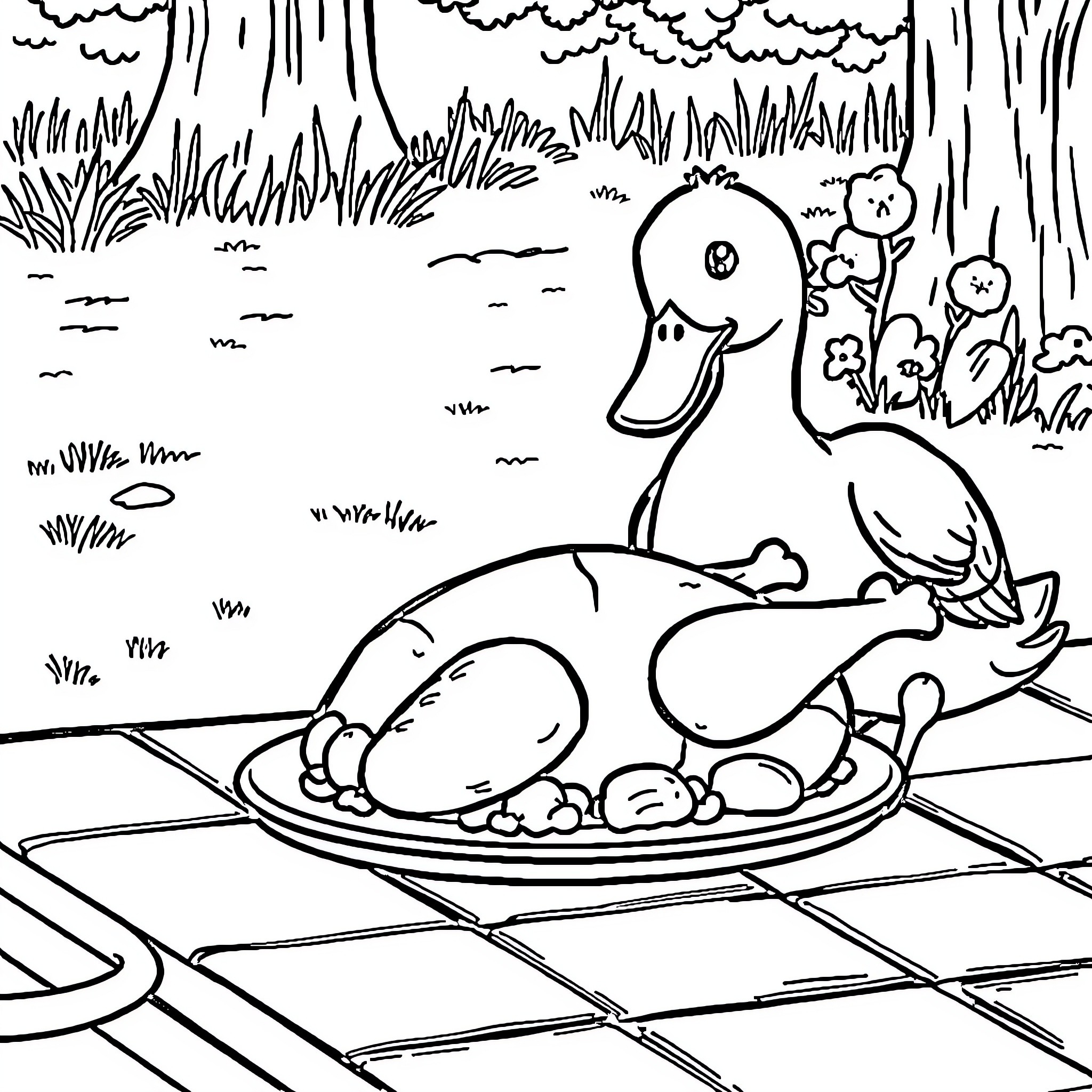 Duck enjoying a pond scene with flowers Coloring Page (free black-and-white line drawing printable PDF for all, from beginners to advanced learners, including children, teens, adults, and seniors)