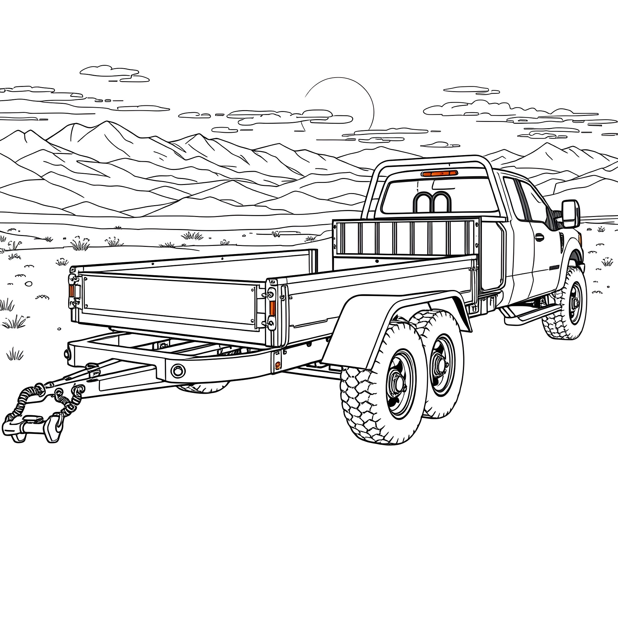 Car Trailer Carrying Heavy Load Through Desert Landscape Coloring Page (free black-and-white line drawing printable PDF for all, from beginners to advanced learners, including children, teens, adults, and seniors)