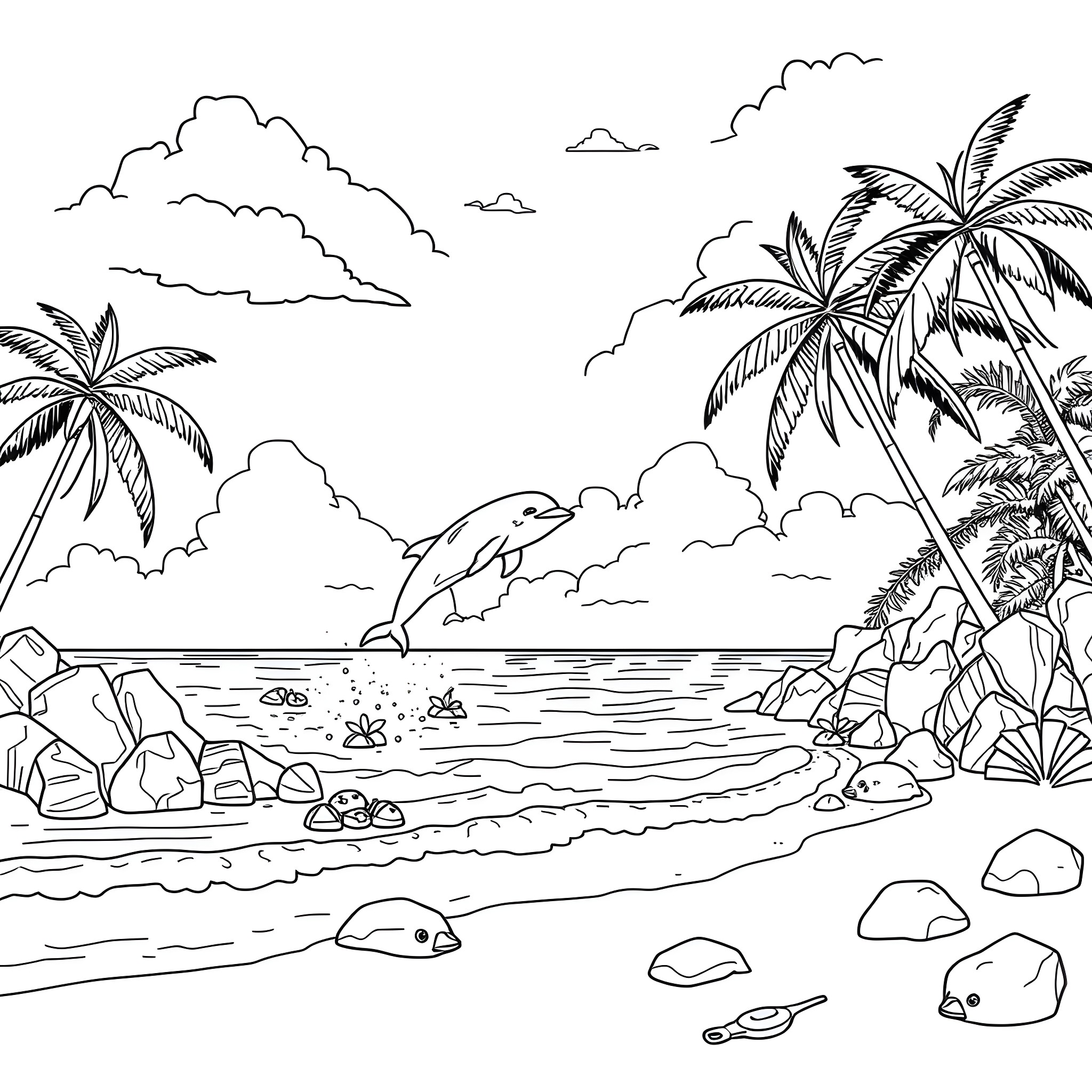 Dolphin playing joyfully in the tropical paradise Coloring Page (free black-and-white line drawing printable PDF for all, from beginners to advanced learners, including children, teens, adults, and seniors)