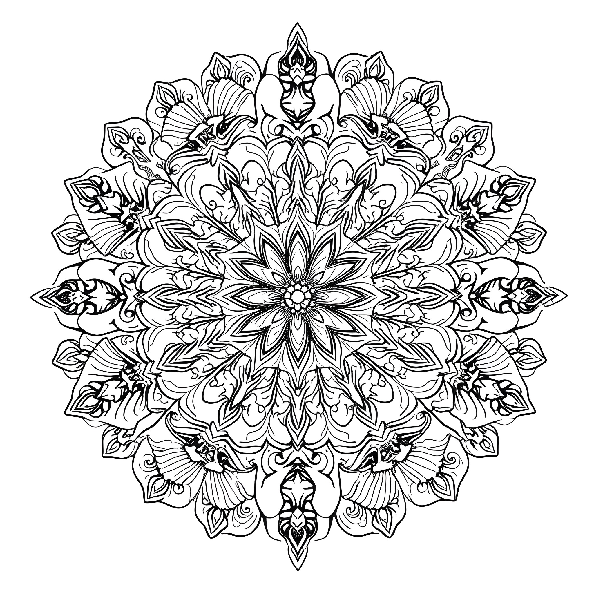 Mandala of ornate floral patterns and symmetrical designs Coloring Page (free black-and-white line drawing printable PDF for all, from beginners to advanced learners, including children, teens, adults, and seniors)