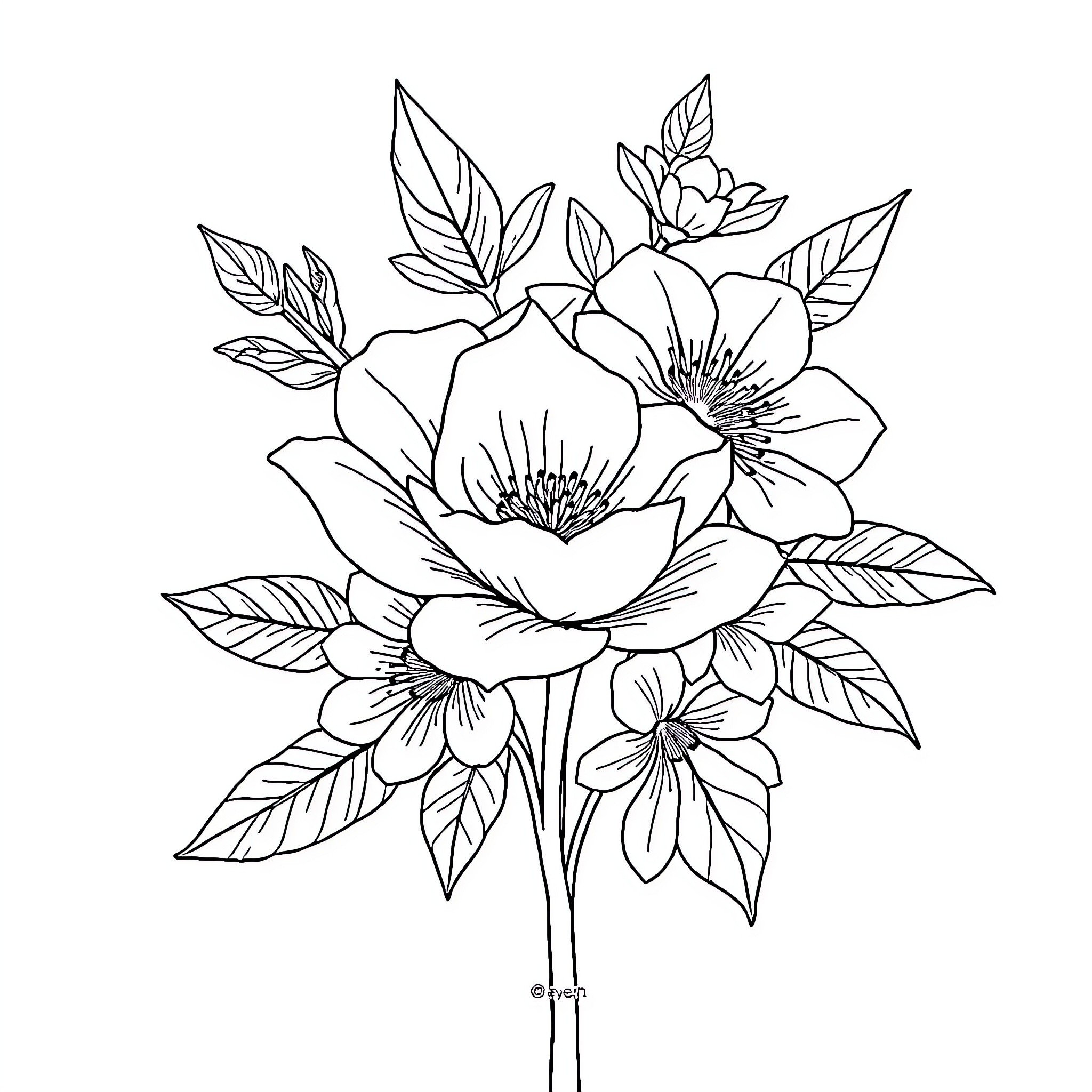 Sword-shaped Floral Bouquet with Leaves Coloring Page (free black-and-white line drawing printable PDF for all, from beginners to advanced learners, including children, teens, adults, and seniors)