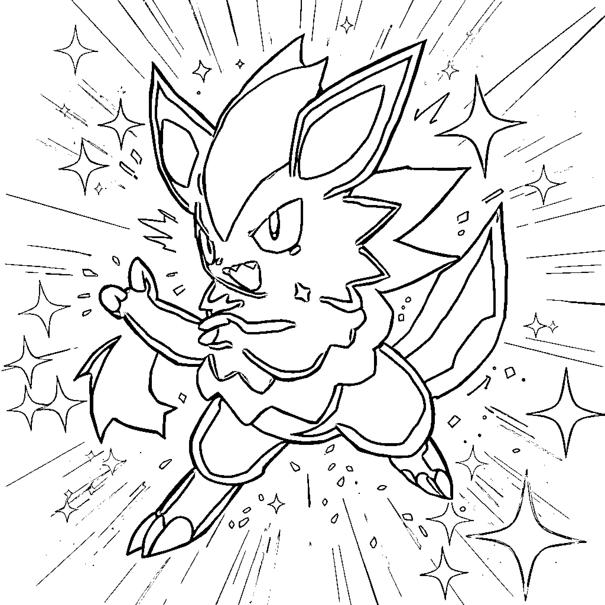 Pokémon character in explosive action pose Coloring Page (free black-and-white line drawing printable PDF for all, from beginners to advanced learners, including children, teens, adults, and seniors)
