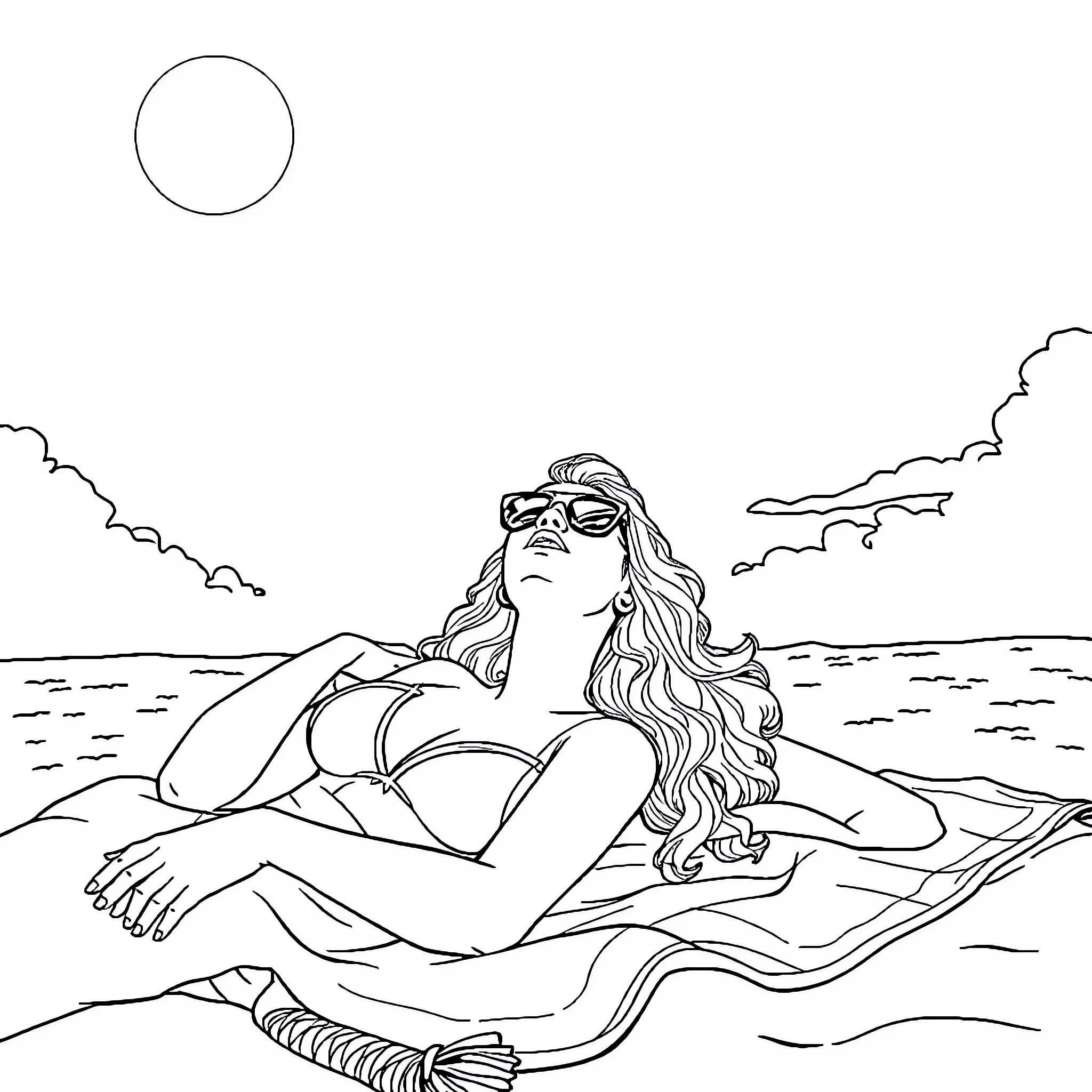 Christina Hendricks relaxing on the beach Coloring Page (free black-and-white line drawing printable PDF for all, from beginners to advanced learners, including children, teens, adults, and seniors)