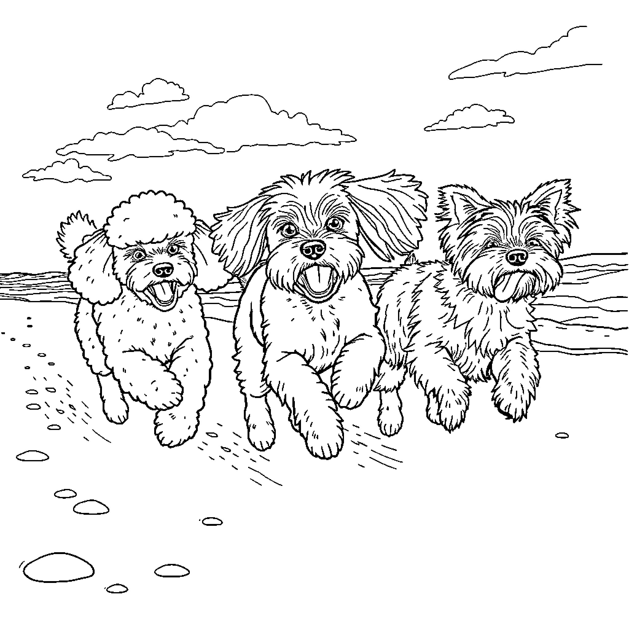 Dog friends playing happily on the beach Coloring Page (free black-and-white line drawing printable PDF for all, from beginners to advanced learners, including children, teens, adults, and seniors)