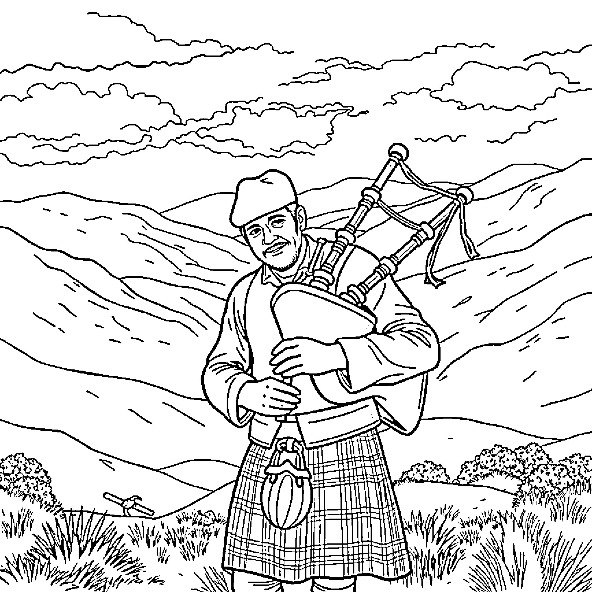 Bagpiper playing music in the countryside Coloring Page (free black-and-white line drawing printable PDF for all, from beginners to advanced learners, including children, teens, adults, and seniors)