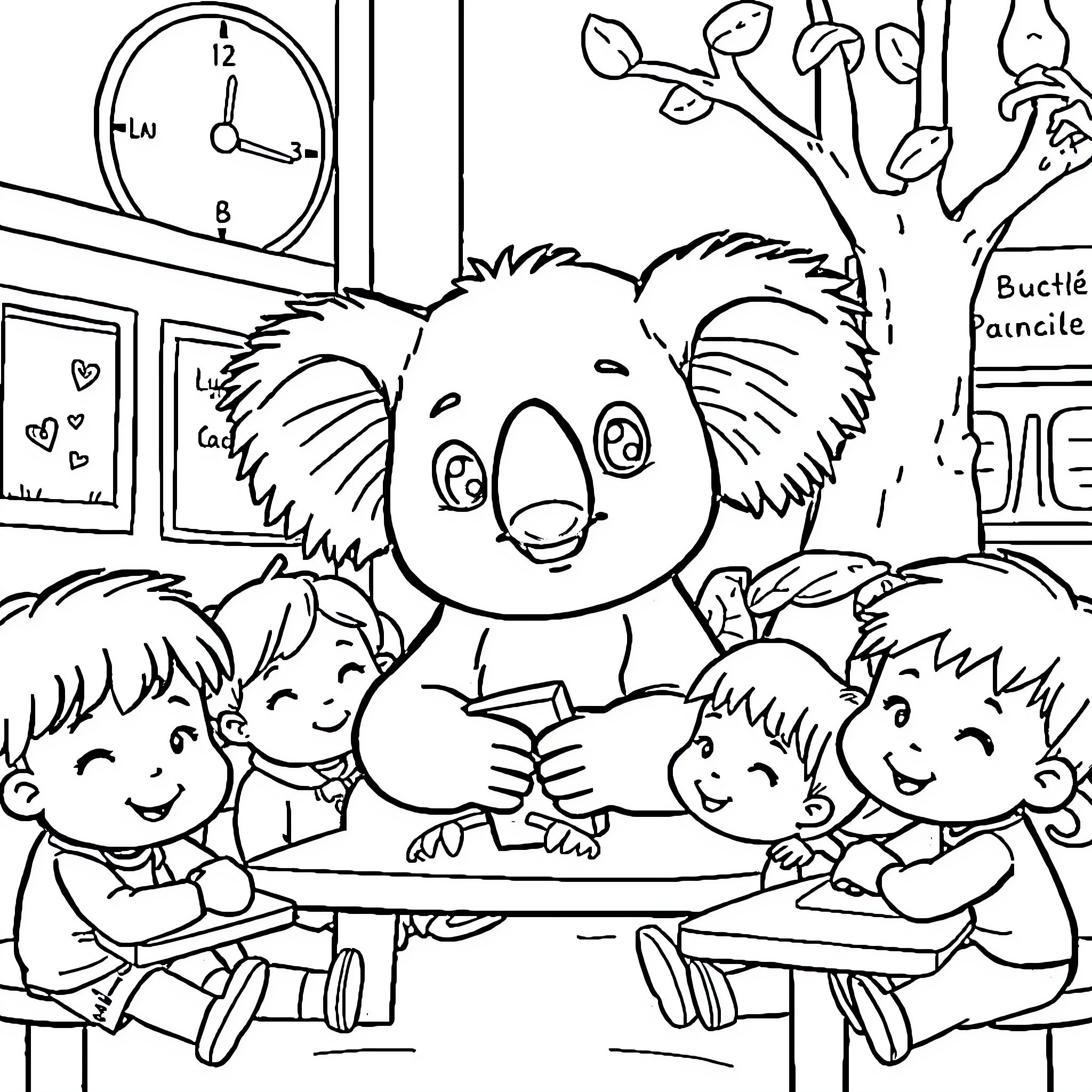Koala teaching kids in a classroom Coloring Page (free black-and-white line drawing printable PDF for all, from beginners to advanced learners, including children, teens, adults, and seniors)