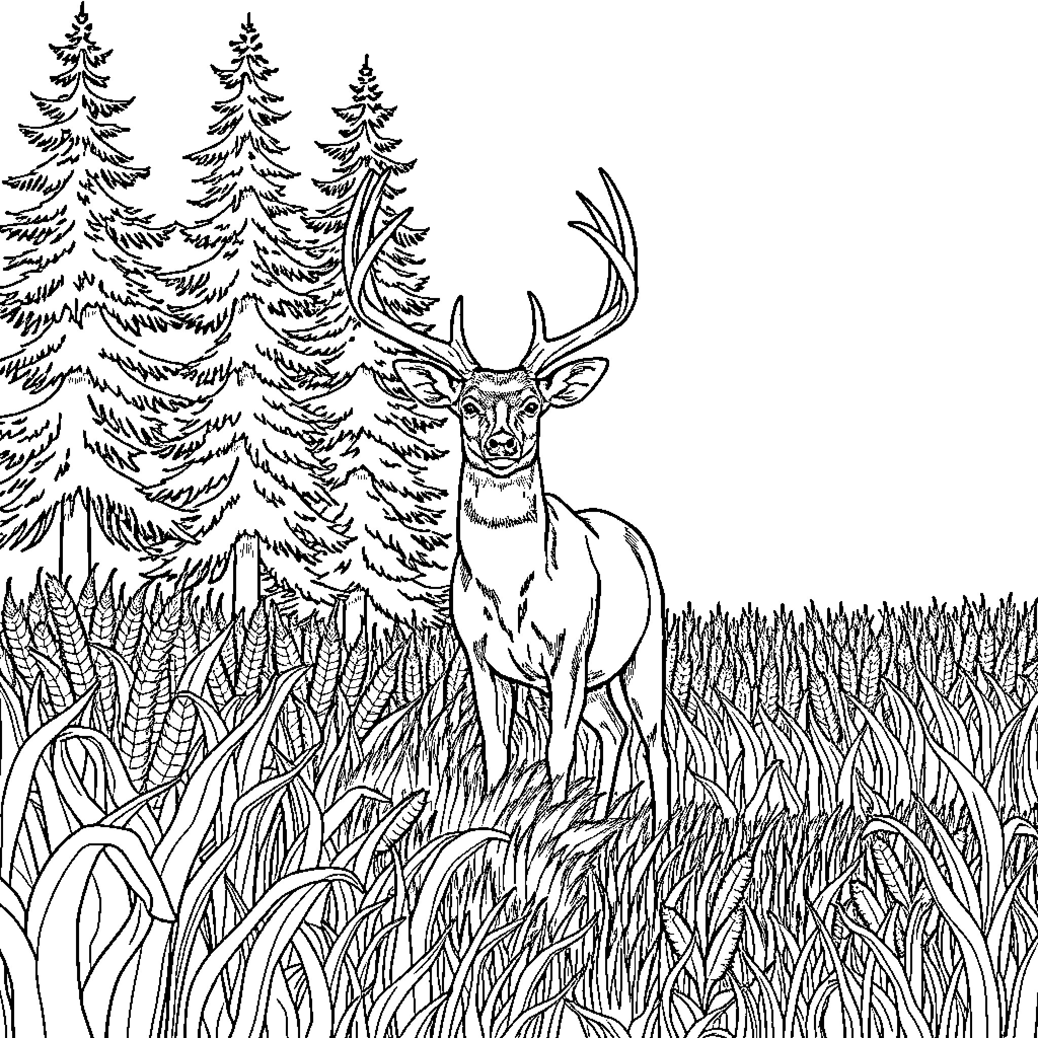 Buck standing tall in the forest Coloring Page (free black-and-white line drawing printable PDF for all, from beginners to advanced learners, including children, teens, adults, and seniors)