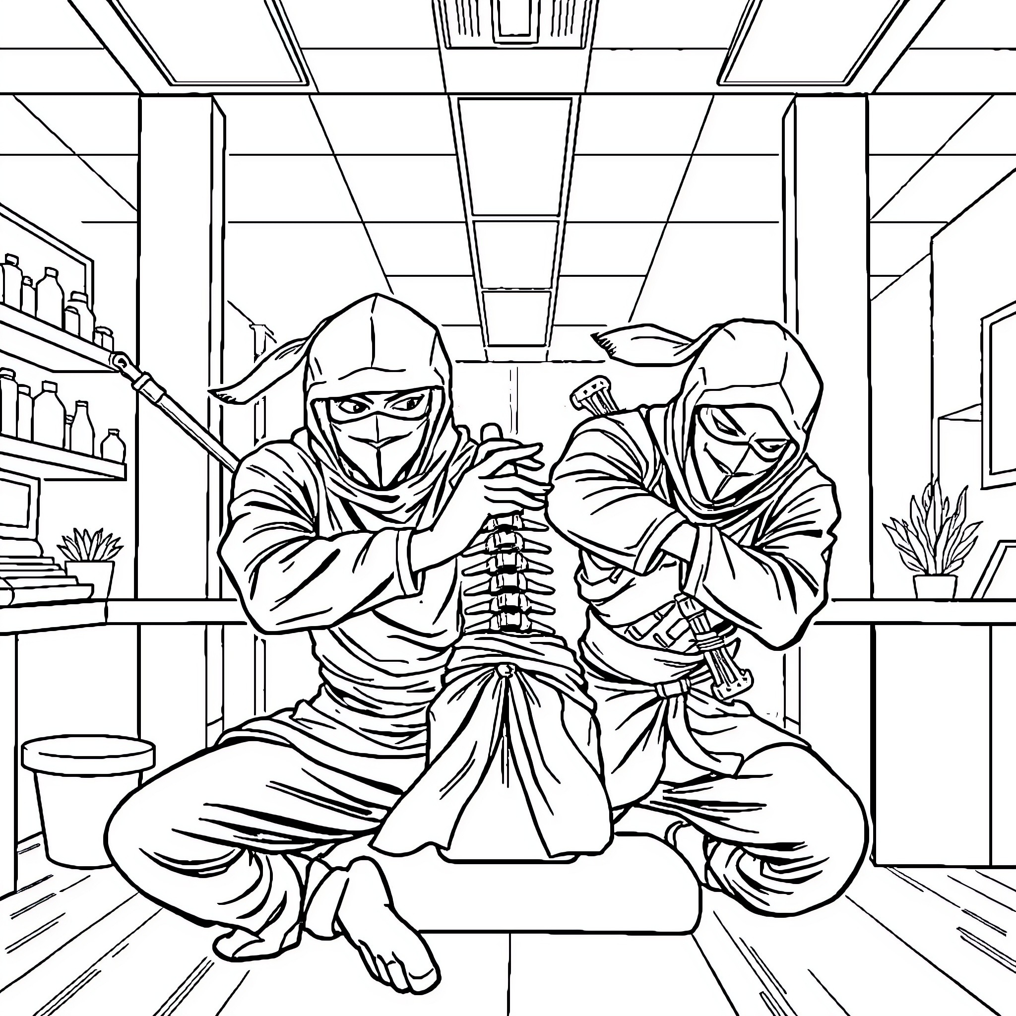 Ninja warriors in intense combat within a shop Coloring Page (free black-and-white line drawing printable PDF for all, from beginners to advanced learners, including children, teens, adults, and seniors)