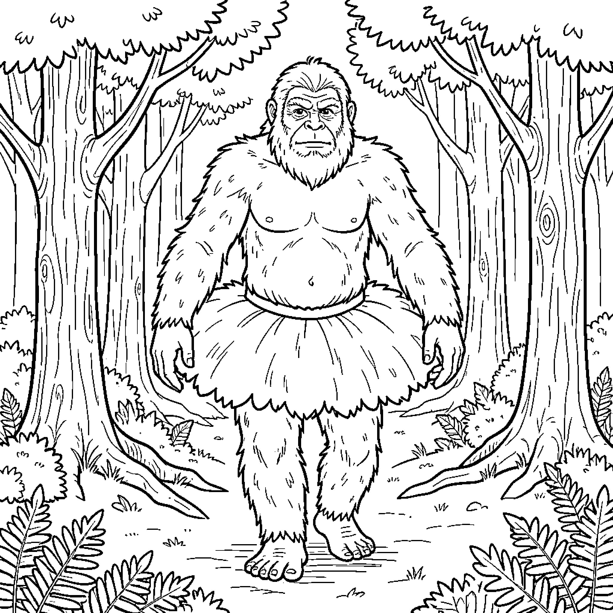 Bigfoot walking through a dense forest Coloring Page (free black-and-white line drawing printable PDF for all, from beginners to advanced learners, including children, teens, adults, and seniors)