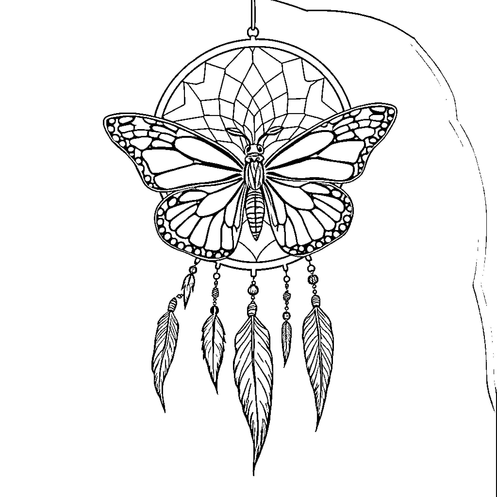 Butterfly-shaped dreamcatcher with feathers Coloring Page (free black-and-white line drawing printable PDF for all, from beginners to advanced learners, including children, teens, adults, and seniors)