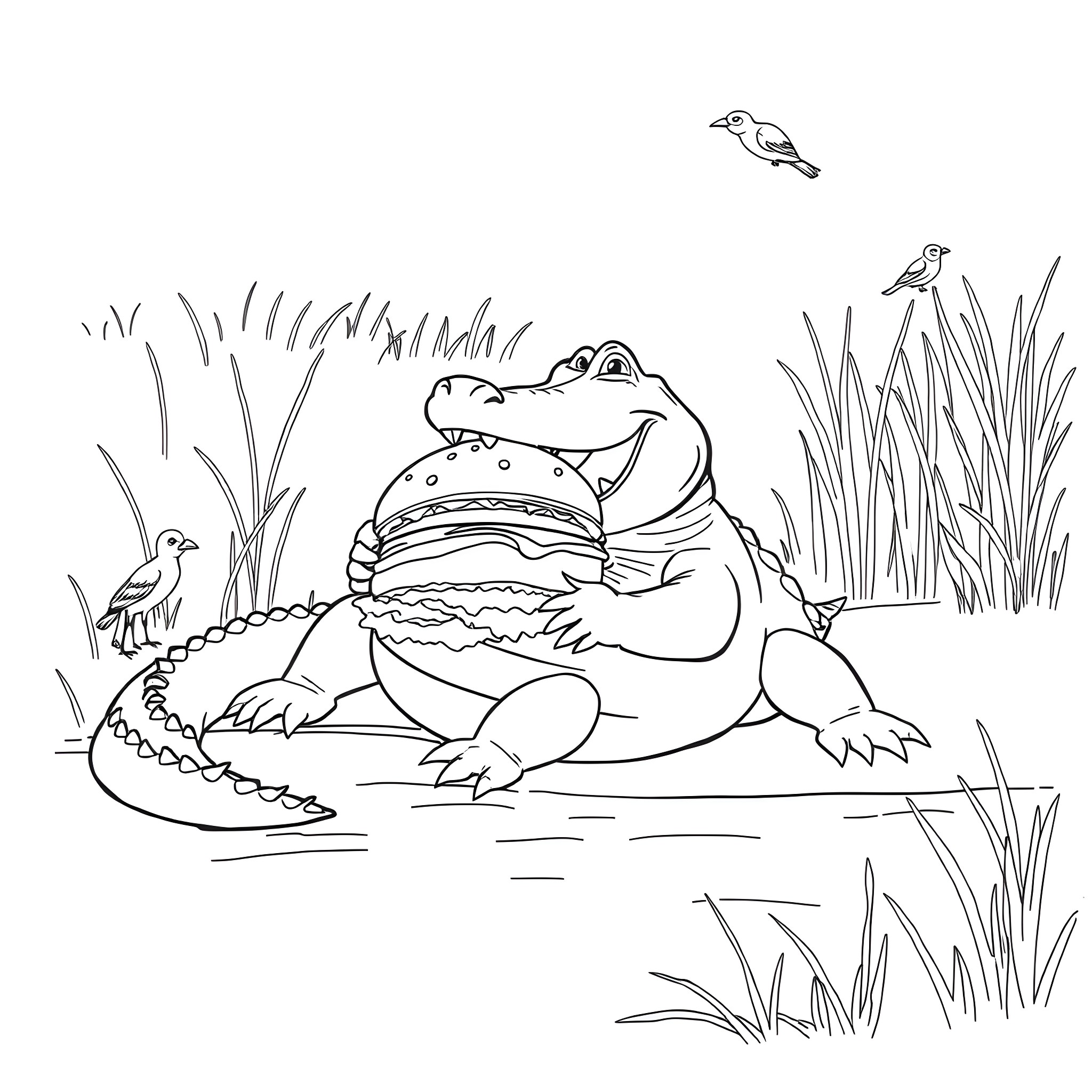 Alligator resting in the wetland with birds Coloring Page (free black-and-white line drawing printable PDF for all, from beginners to advanced learners, including children, teens, adults, and seniors)