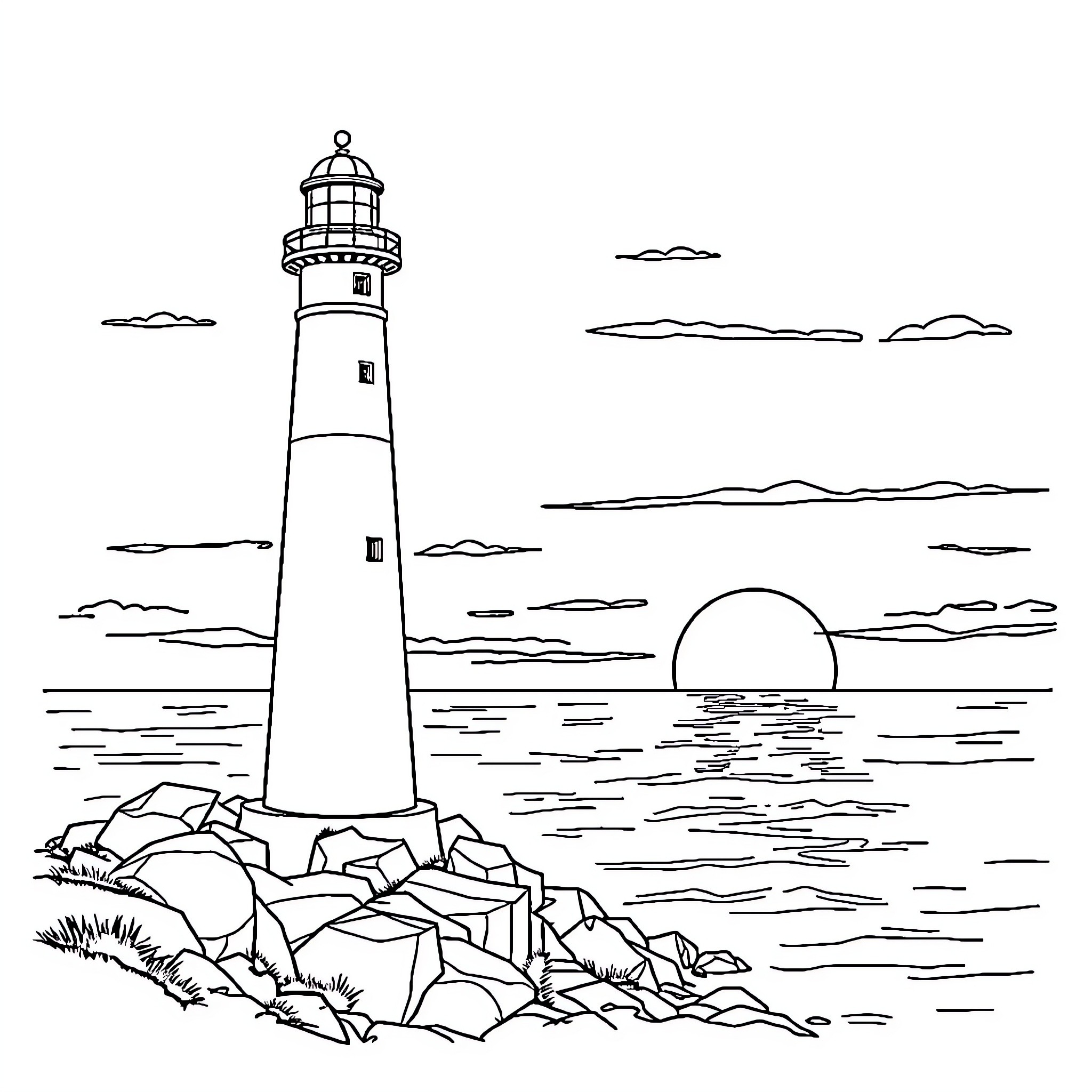 Lighthouse standing tall on rocky coastline Coloring Page (free black-and-white line drawing printable PDF for all, from beginners to advanced learners, including children, teens, adults, and seniors)