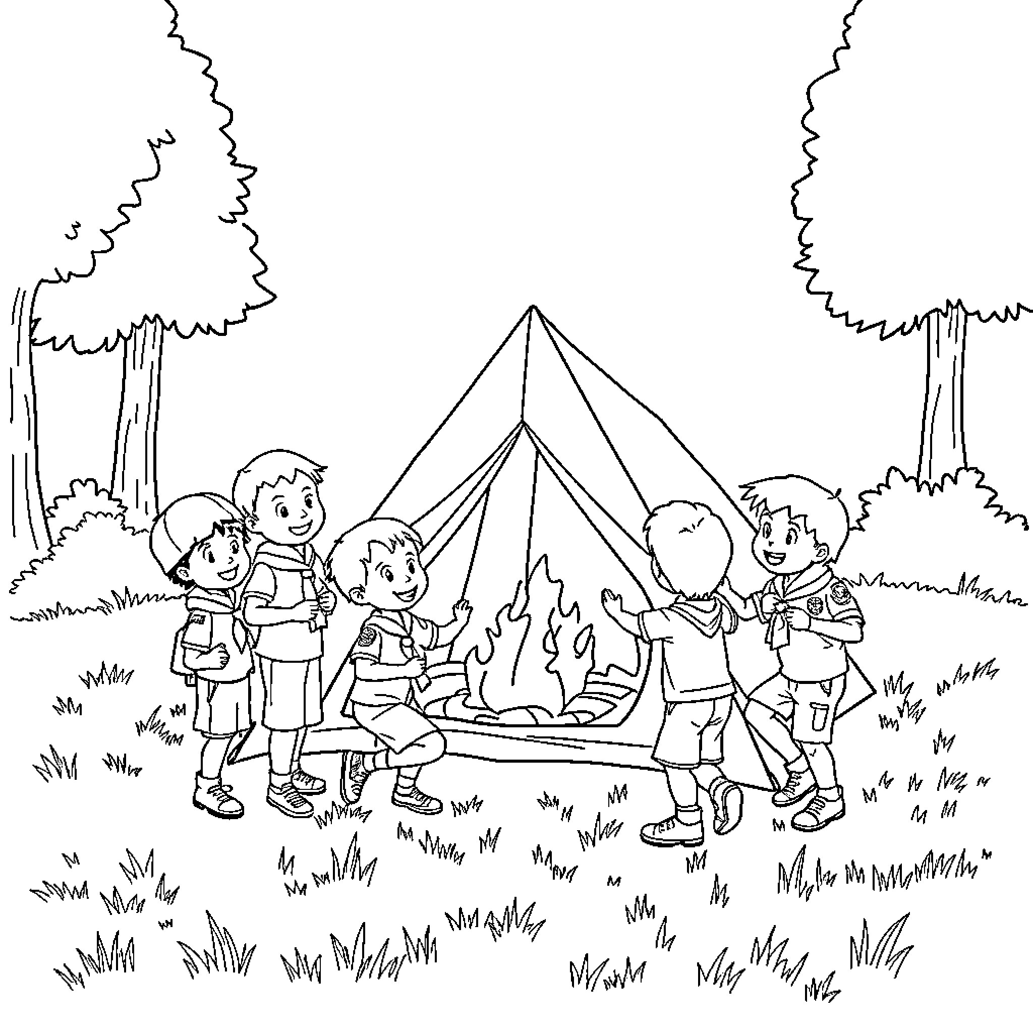 Cub Scouts camping in the woods Coloring Page (free black-and-white line drawing printable PDF for all, from beginners to advanced learners, including children, teens, adults, and seniors)