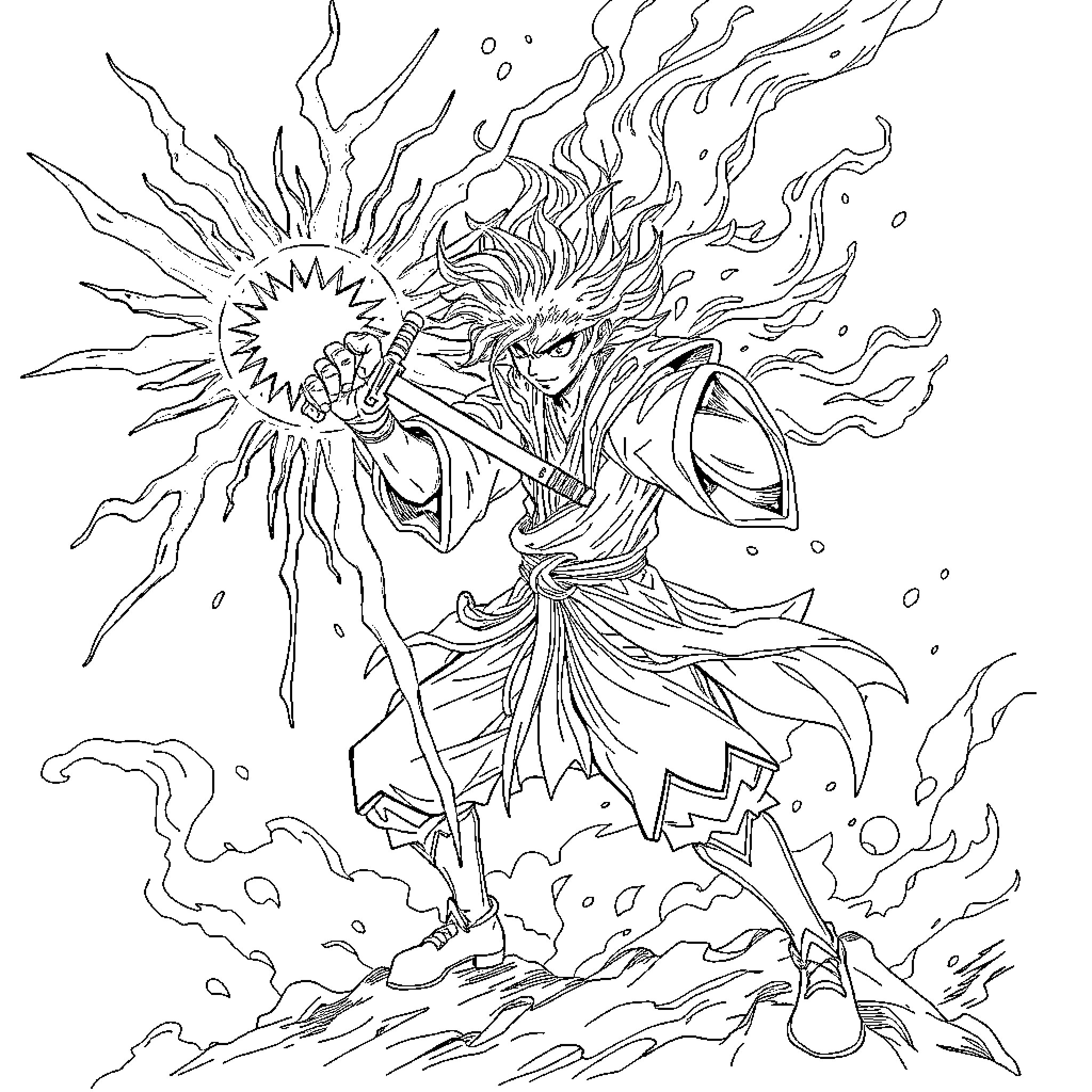 Tanjiro unleashing fiery and powerful attack Coloring Page (free black-and-white line drawing printable PDF for all, from beginners to advanced learners, including children, teens, adults, and seniors)