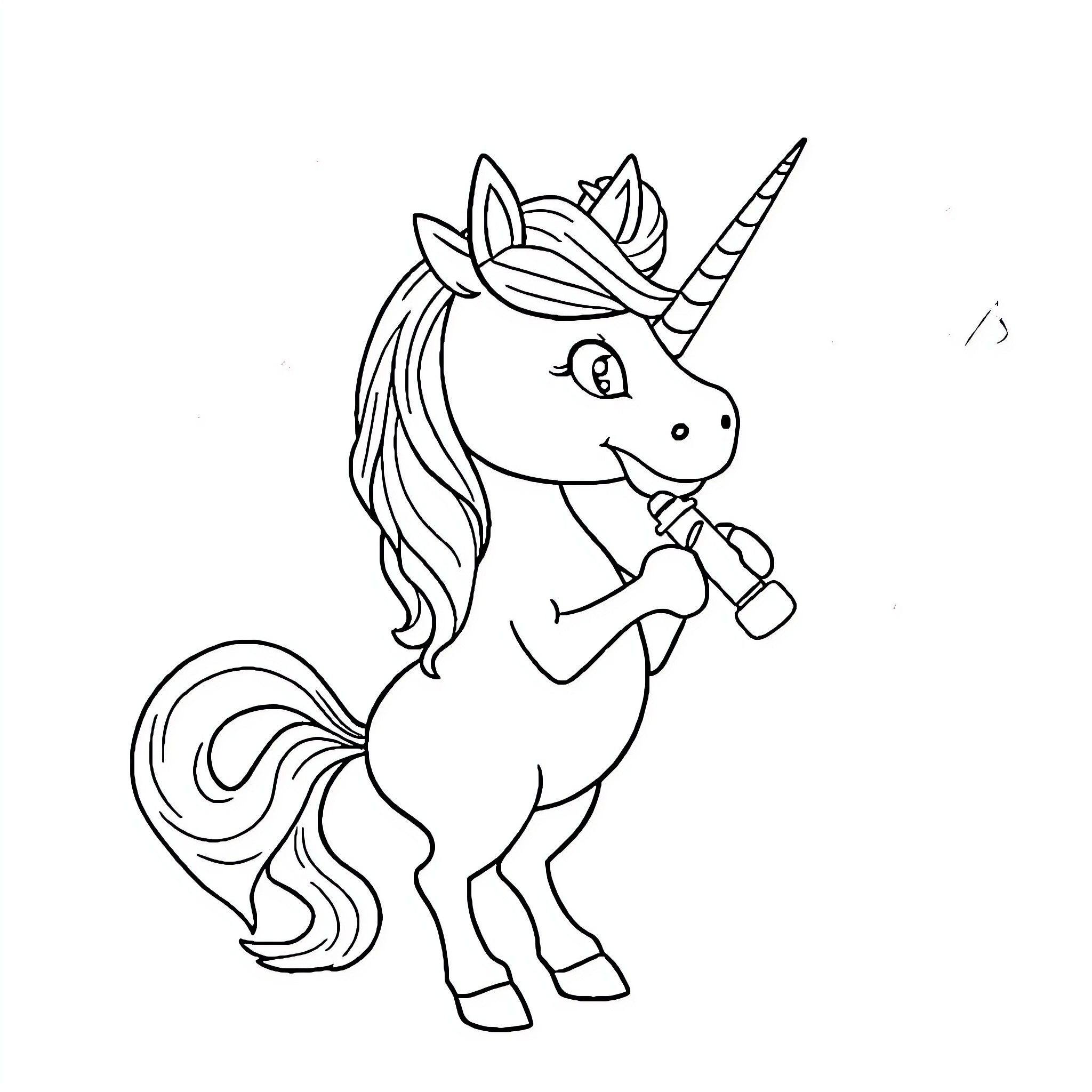 Unicorn playing with magic wand Coloring Page (free black-and-white line drawing printable PDF for all, from beginners to advanced learners, including children, teens, adults, and seniors)