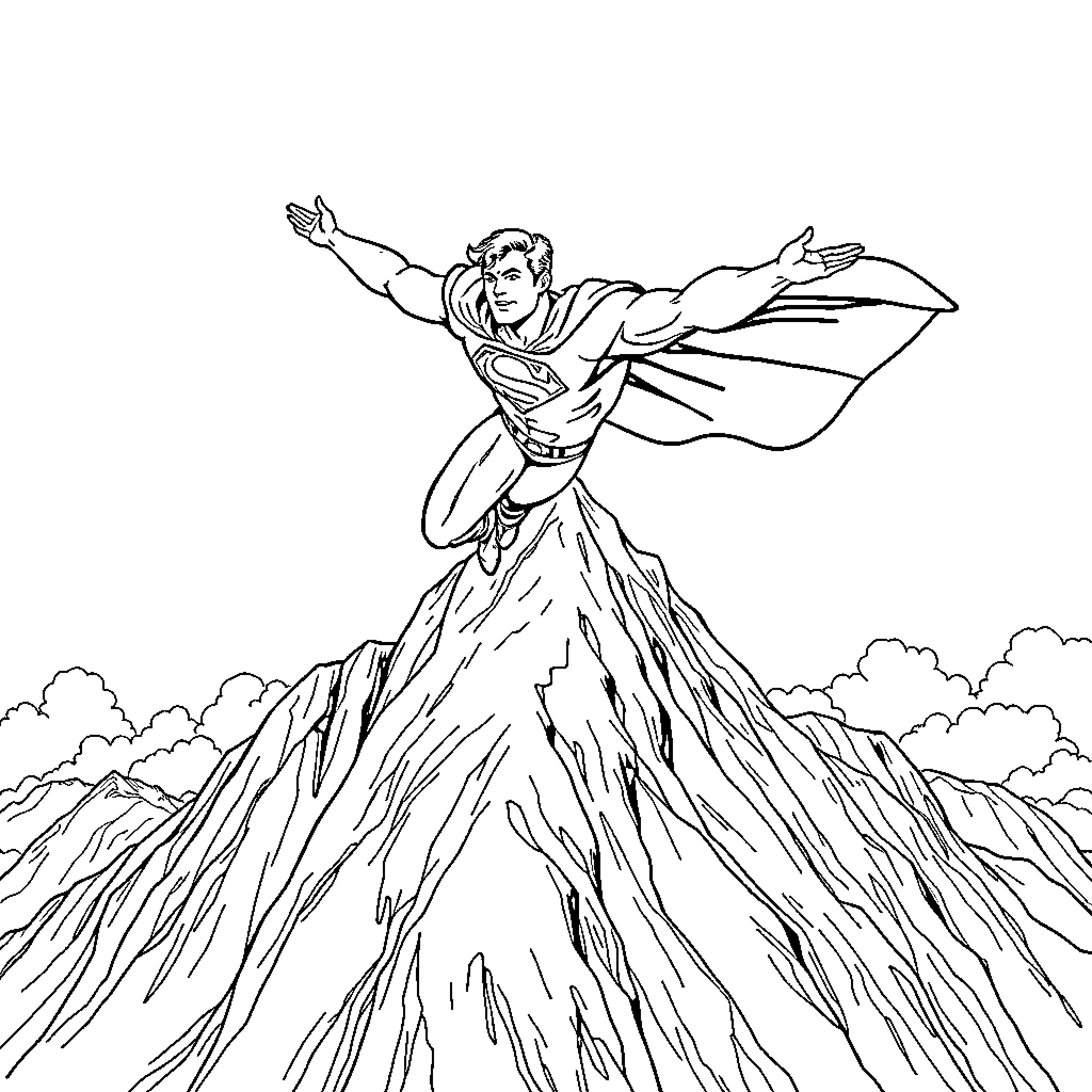 Superman soaring through the skies over rocky mountains Coloring Page (free black-and-white line drawing printable PDF for all, from beginners to advanced learners, including children, teens, adults, and seniors)