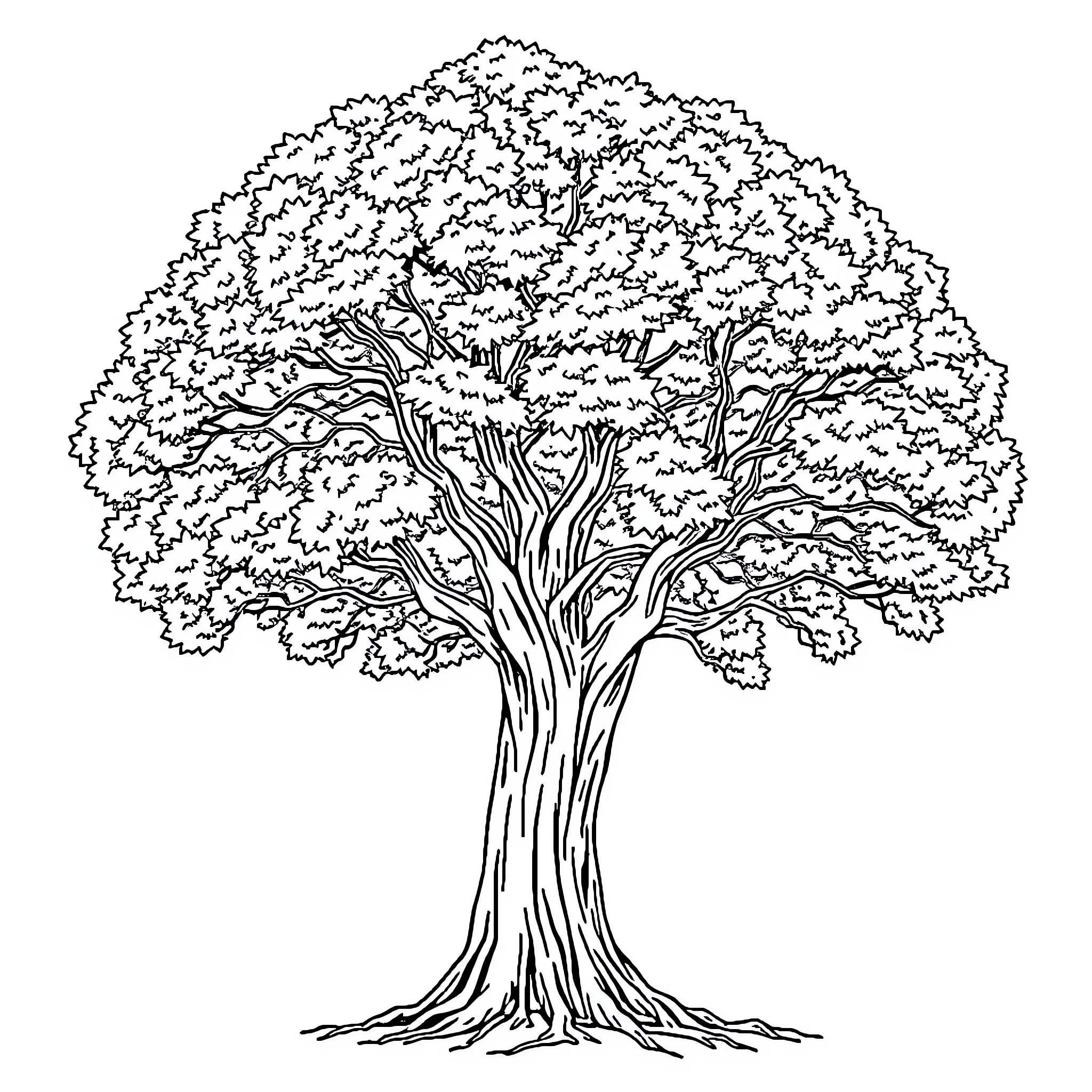 Tree with Intricate Branches and Foliage Coloring Page (free black-and-white line drawing printable PDF for all, from beginners to advanced learners, including children, teens, adults, and seniors)