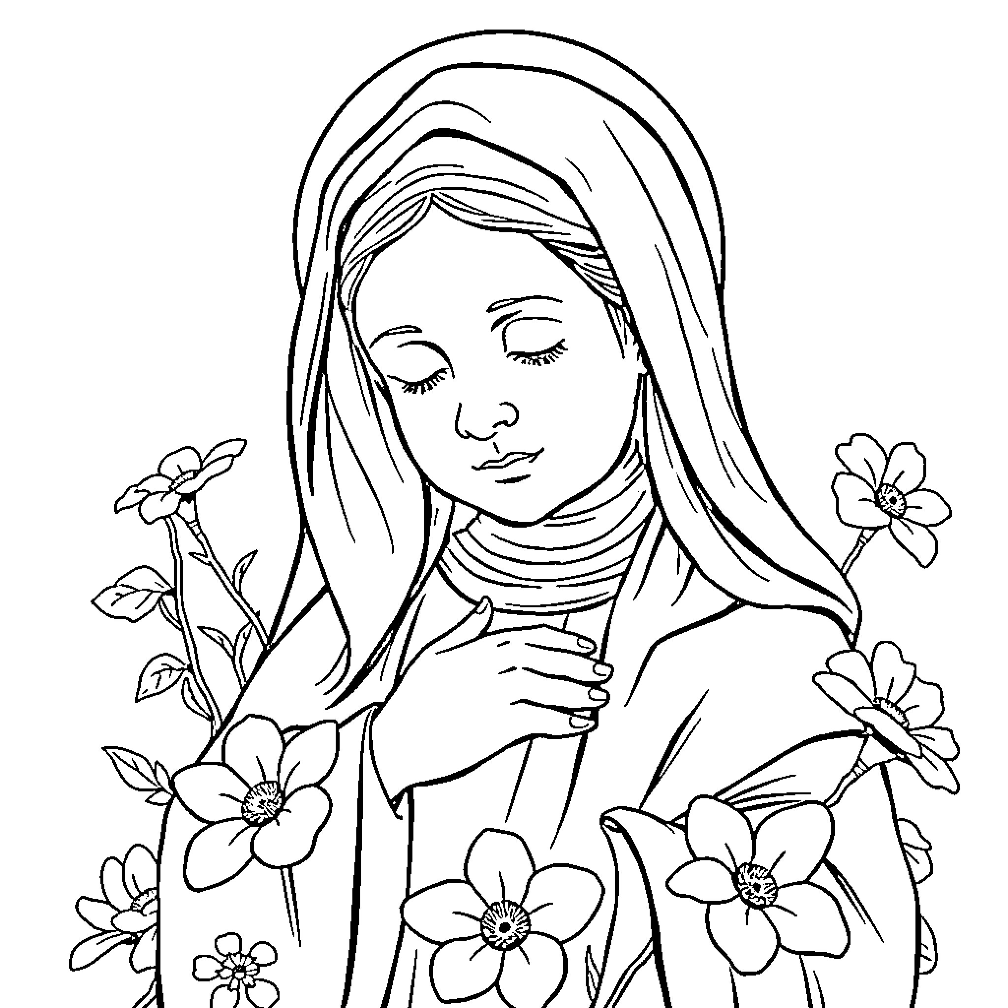 St. Therese surrounded by flowers Coloring Page (free black-and-white line drawing printable PDF for all, from beginners to advanced learners, including children, teens, adults, and seniors)