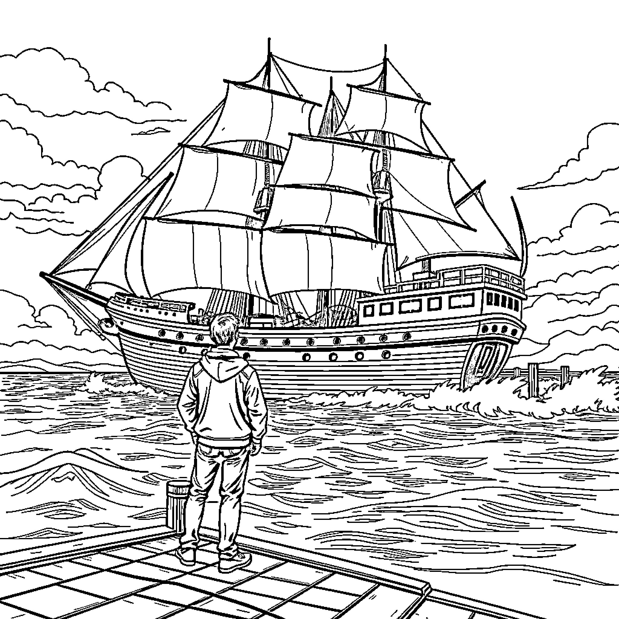 Guy standing on a dock with a tall ship in the distance Coloring Page (free black-and-white line drawing printable PDF for all, from beginners to advanced learners, including children, teens, adults, and seniors)