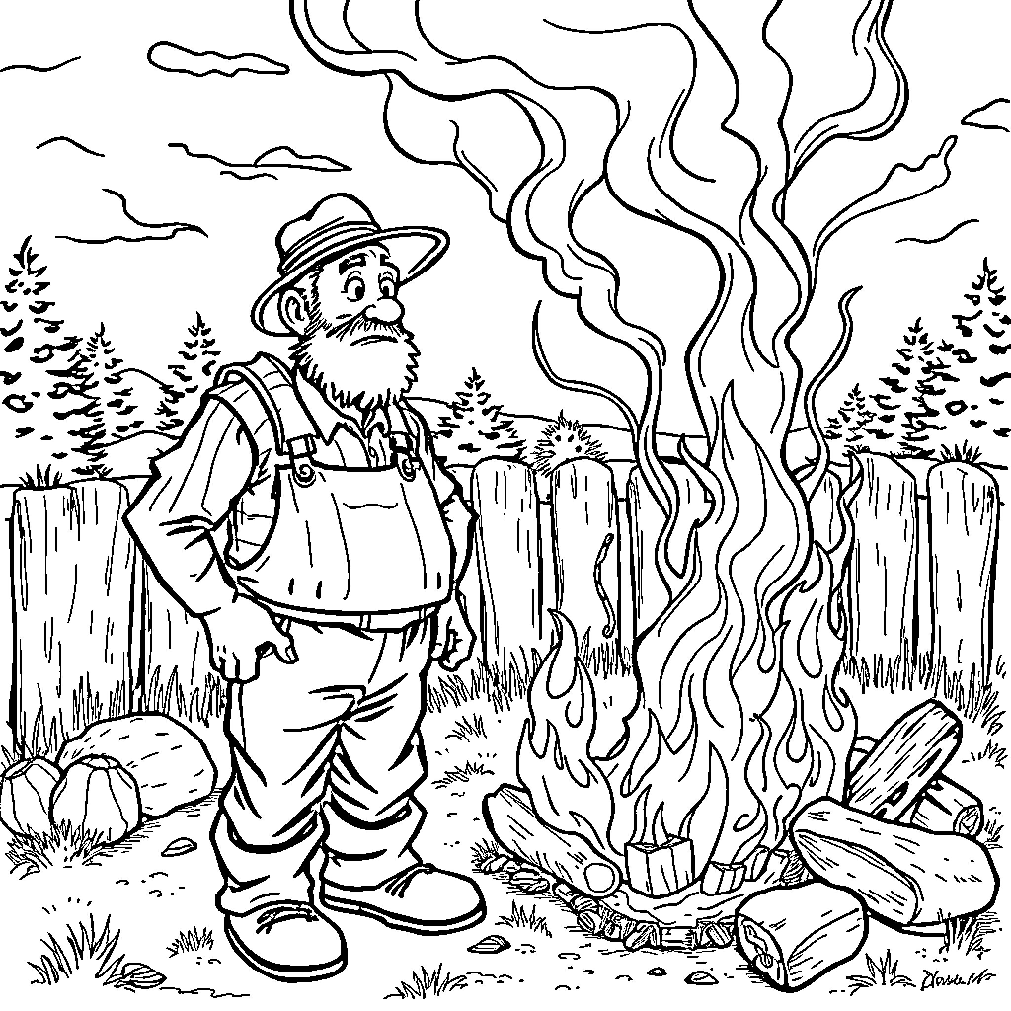 Hillbilly man starting a campfire in the wilderness Coloring Page (free black-and-white line drawing printable PDF for all, from beginners to advanced learners, including children, teens, adults, and seniors)