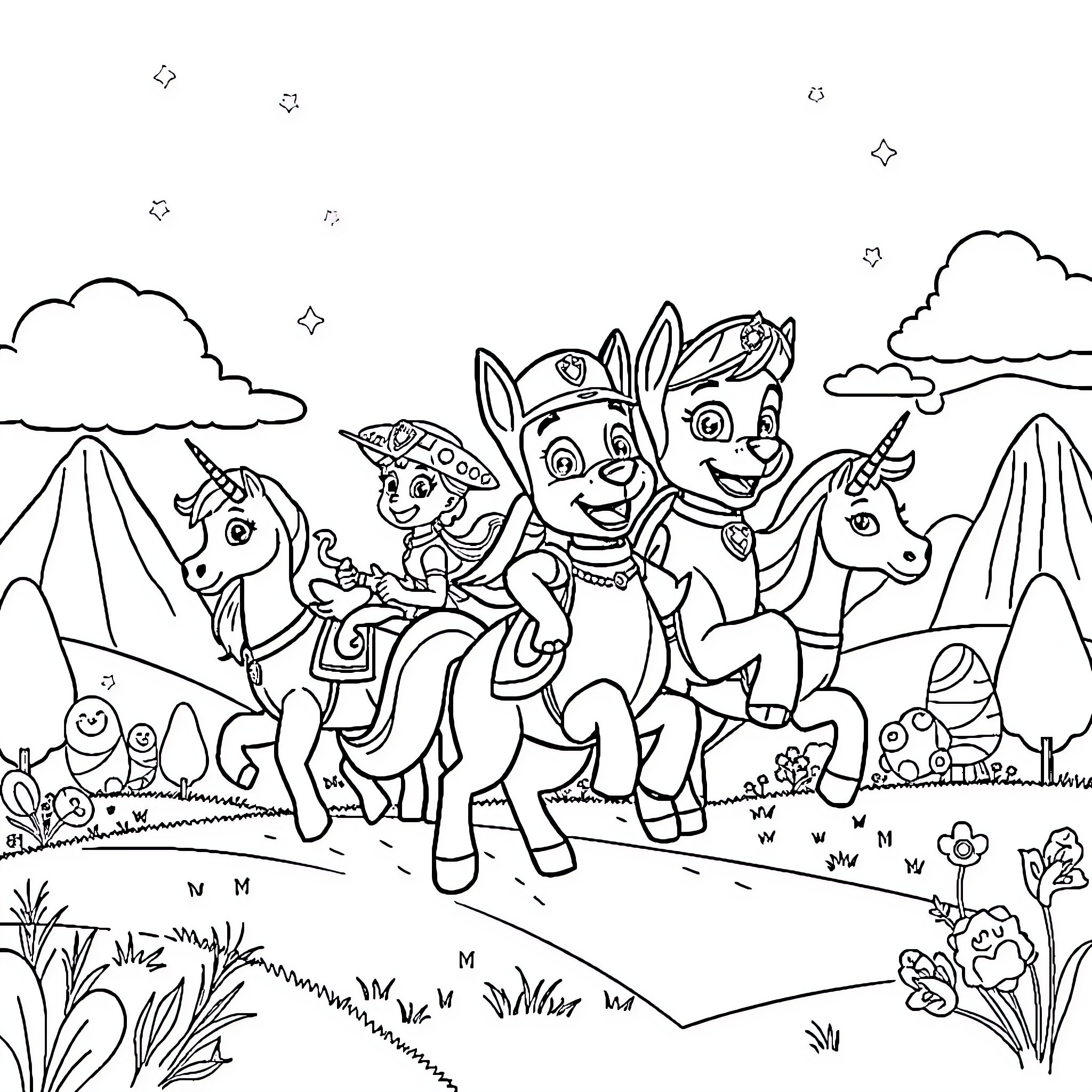 Unicorn squad on an enchanted adventure Coloring Page (free black-and-white line drawing printable PDF for all, from beginners to advanced learners, including children, teens, adults, and seniors)