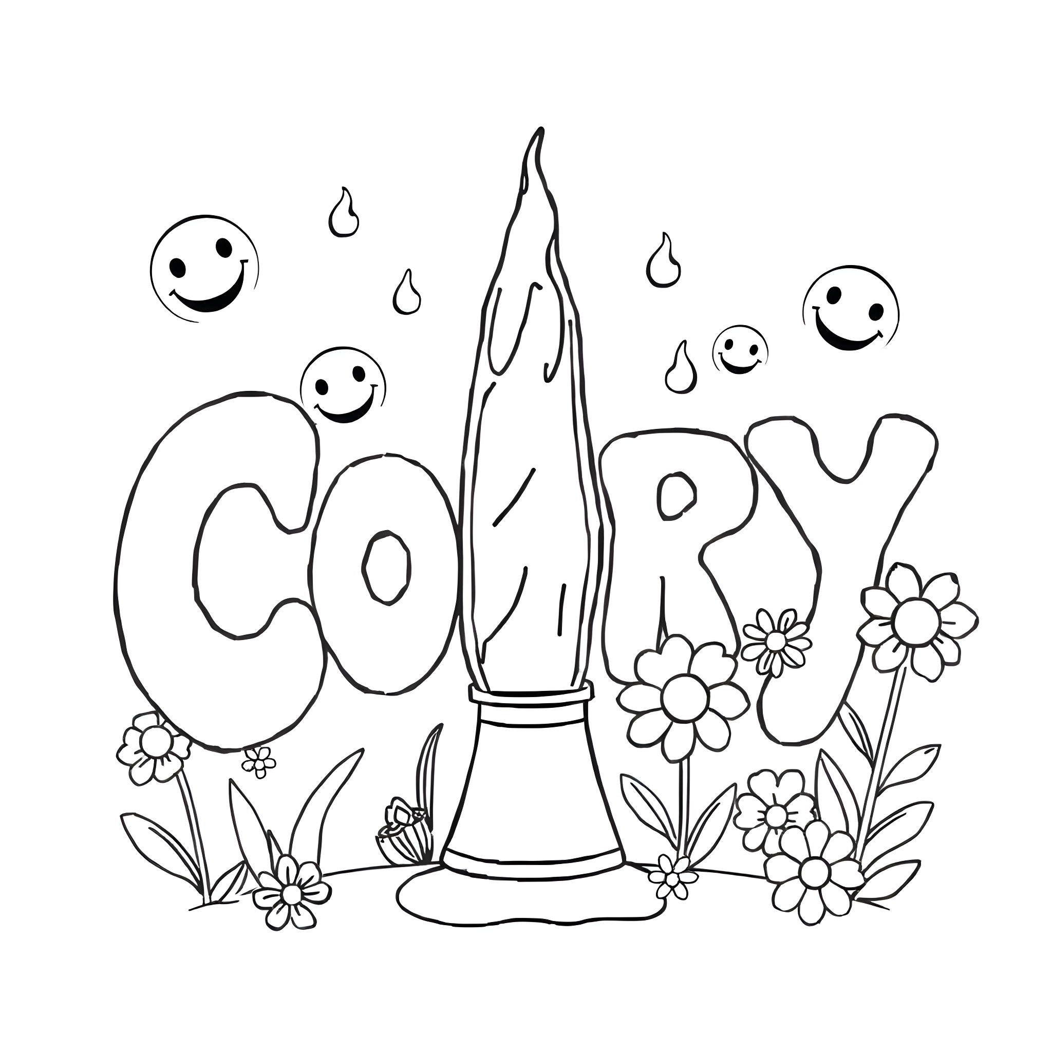 Cory's colorful drawing with flowers and smiling faces Coloring Page (free black-and-white line drawing printable PDF for all, from beginners to advanced learners, including children, teens, adults, and seniors)
