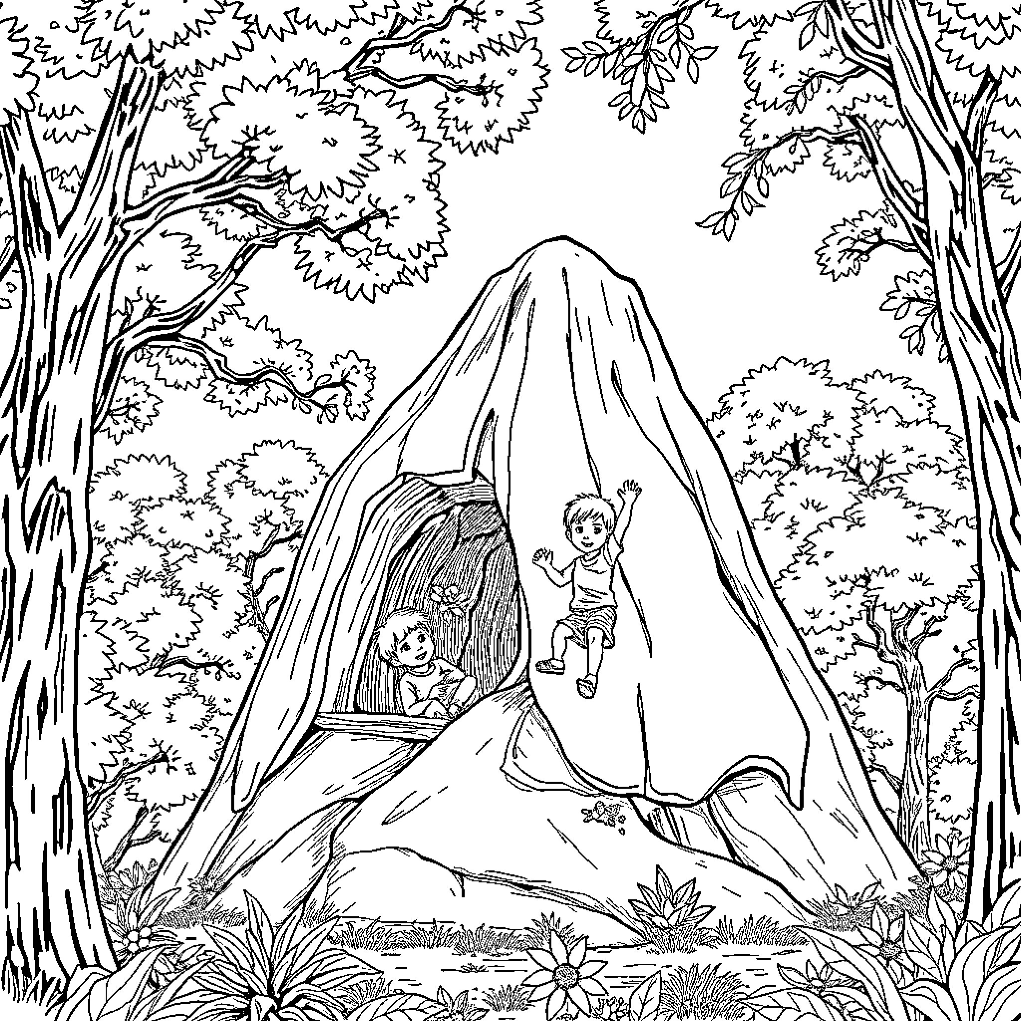 Niños playing outdoors in a natural setting Coloring Page (free black-and-white line drawing printable PDF for all, from beginners to advanced learners, including children, teens, adults, and seniors)