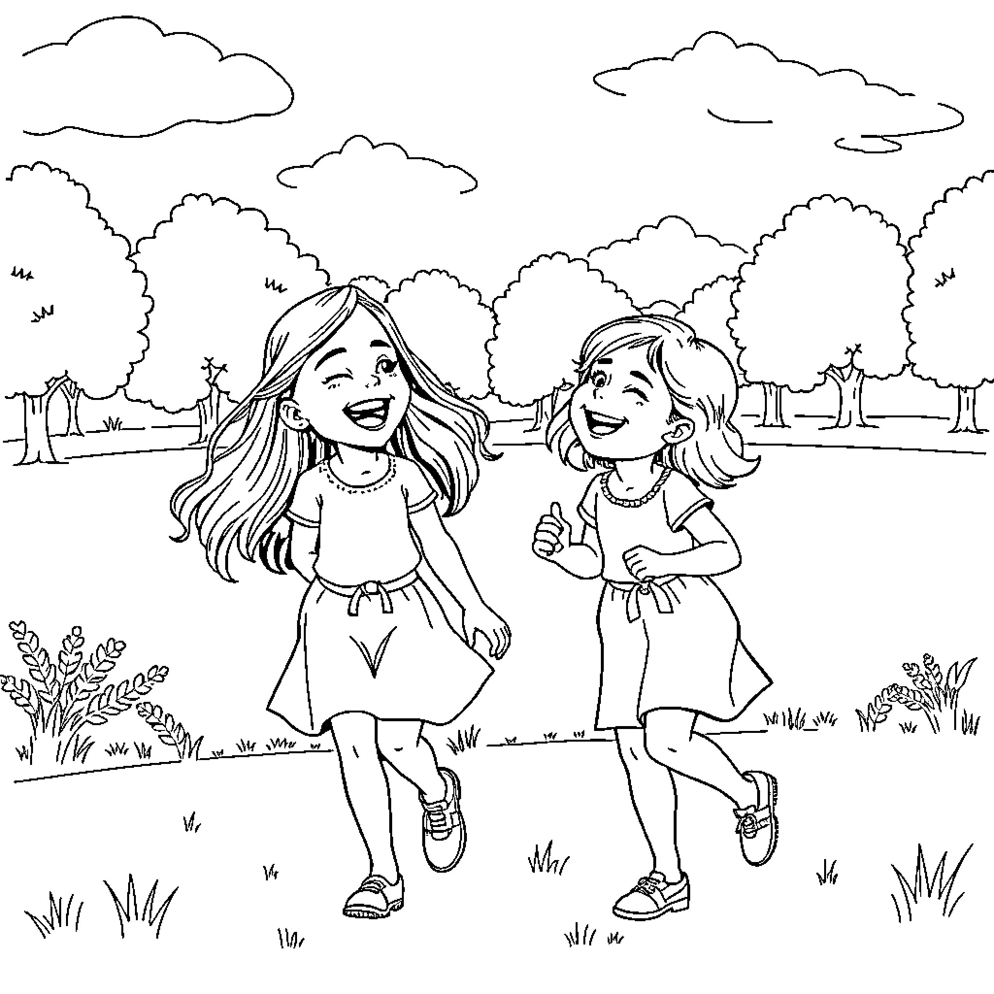 Sisters enjoying a sunny day outdoors Coloring Page (free black-and-white line drawing printable PDF for all, from beginners to advanced learners, including children, teens, adults, and seniors)