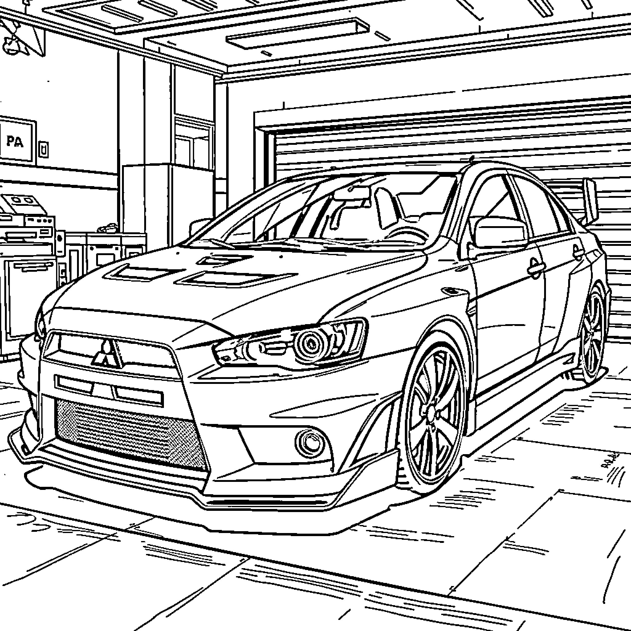 Mitsubishi sports car in a garage setting Coloring Page (free black-and-white line drawing printable PDF for all, from beginners to advanced learners, including children, teens, adults, and seniors)
