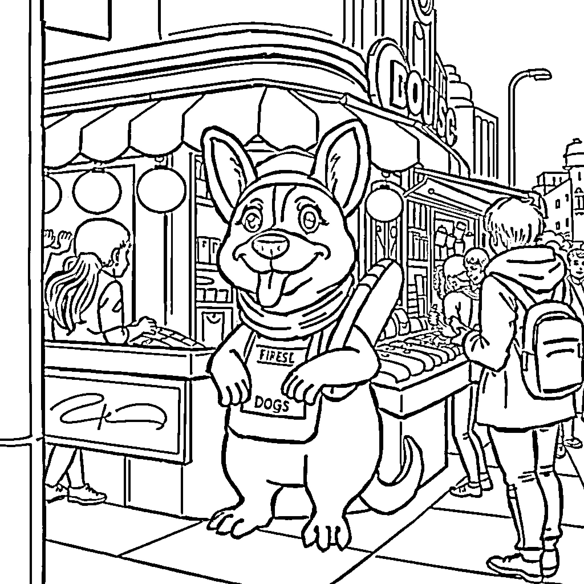 Perro trabajando en una tienda de comida de perros Coloring Page (free black-and-white line drawing printable PDF for all, from beginners to advanced learners, including children, teens, adults, and seniors)