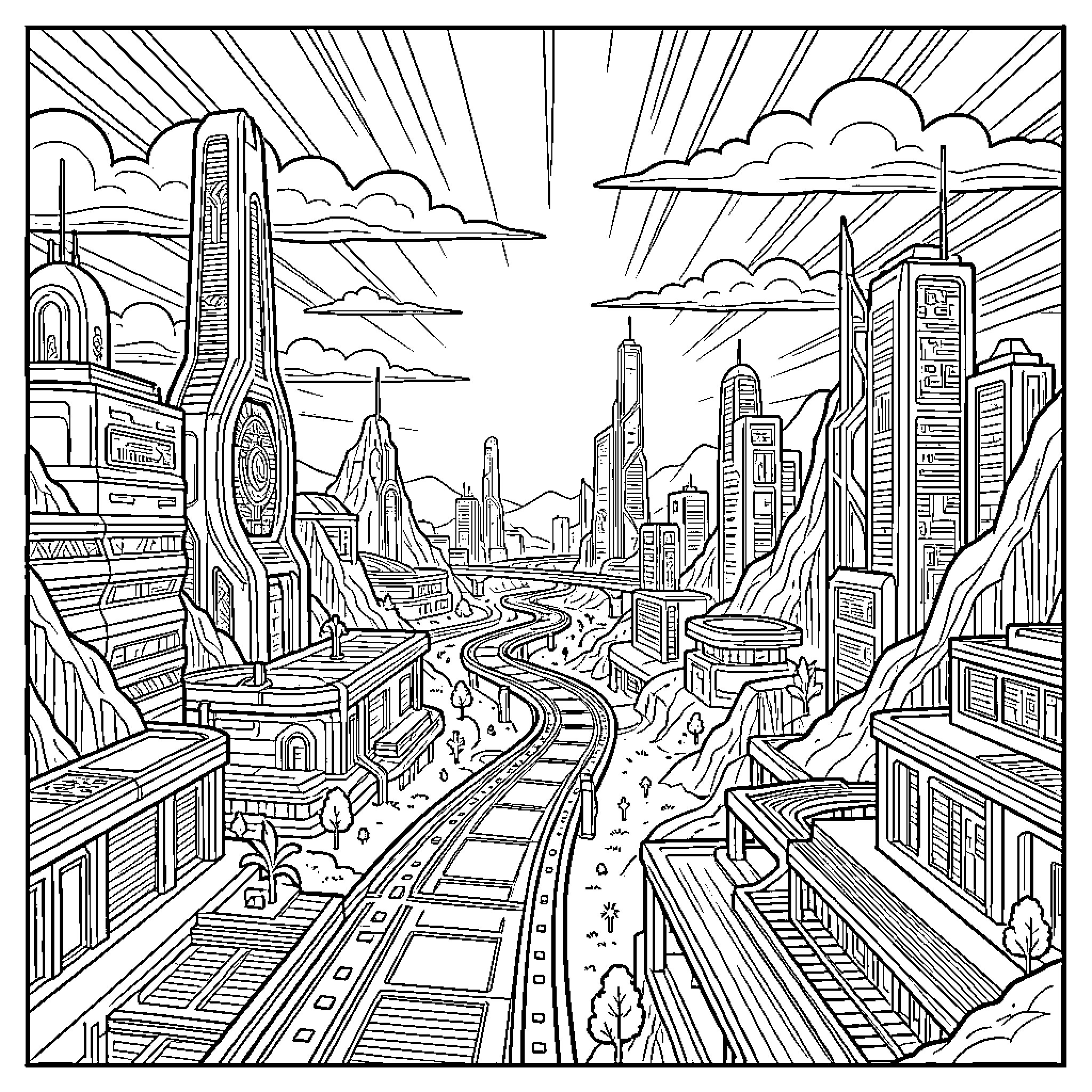 Tron futuristic cityscape with towering skyscrapers and winding roads Coloring Page (free black-and-white line drawing printable PDF for all, from beginners to advanced learners, including children, teens, adults, and seniors)